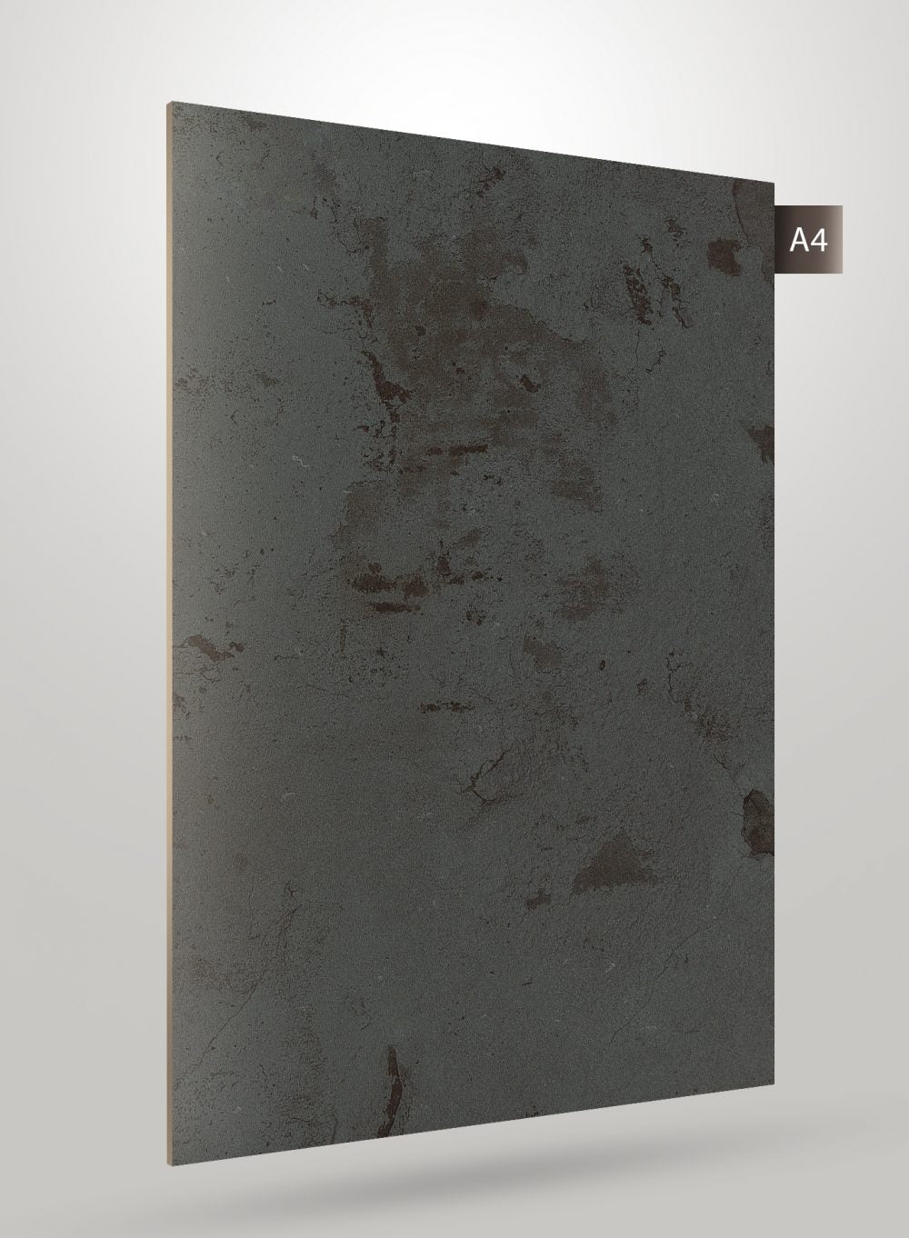 Dark grey marble laminate sheet with matte finish and brown veining, displaying stone texture and subtle pattern variation.
