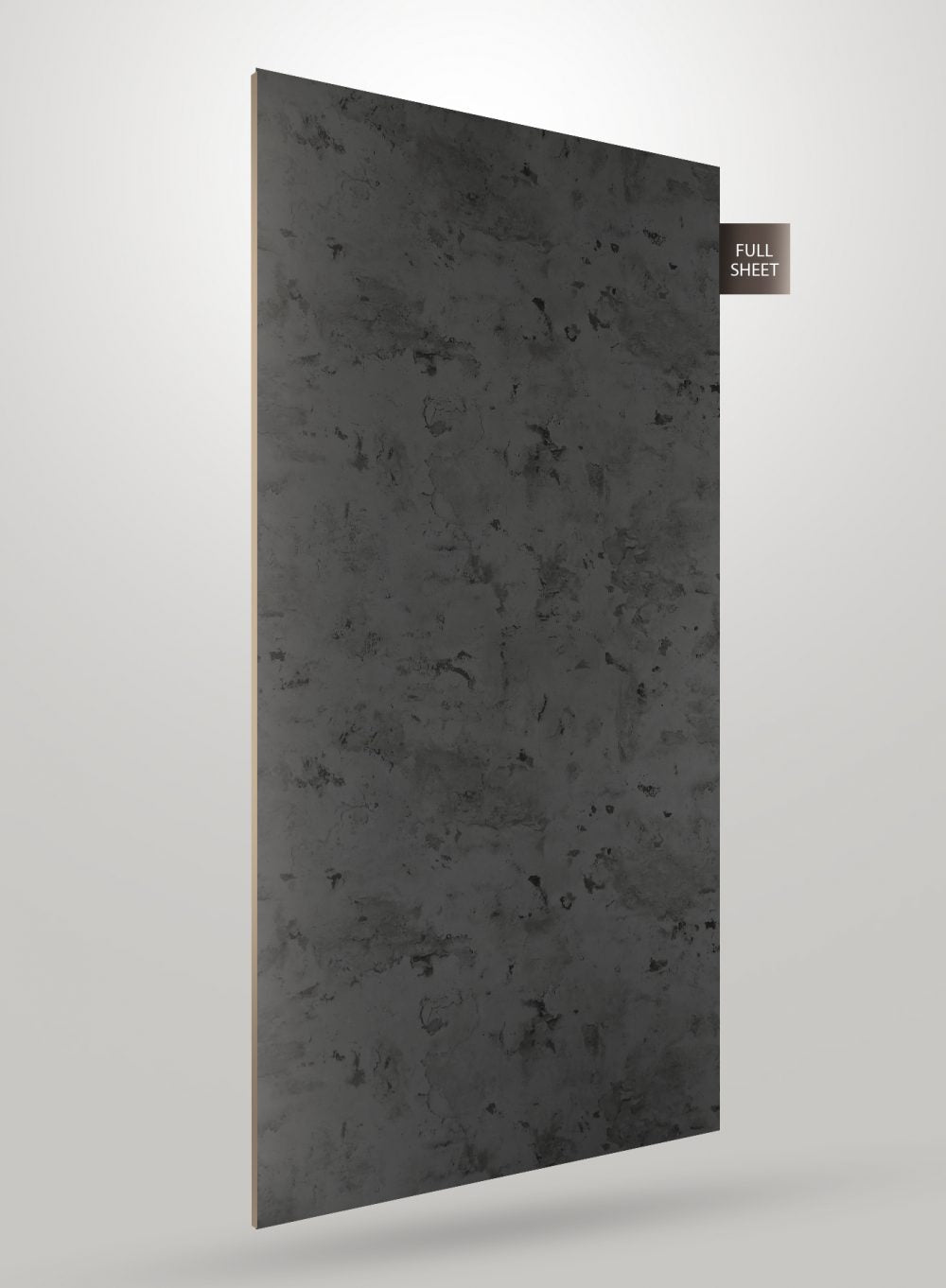 Dark grey marble laminate sheet with matte finish and speckled pattern displayed on a light grey background with full sheet