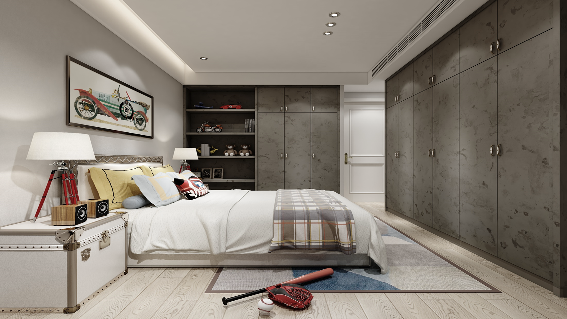 Dark grey marble laminate closet and shelving unit in a modern bedroom with white bed and wooden floor.