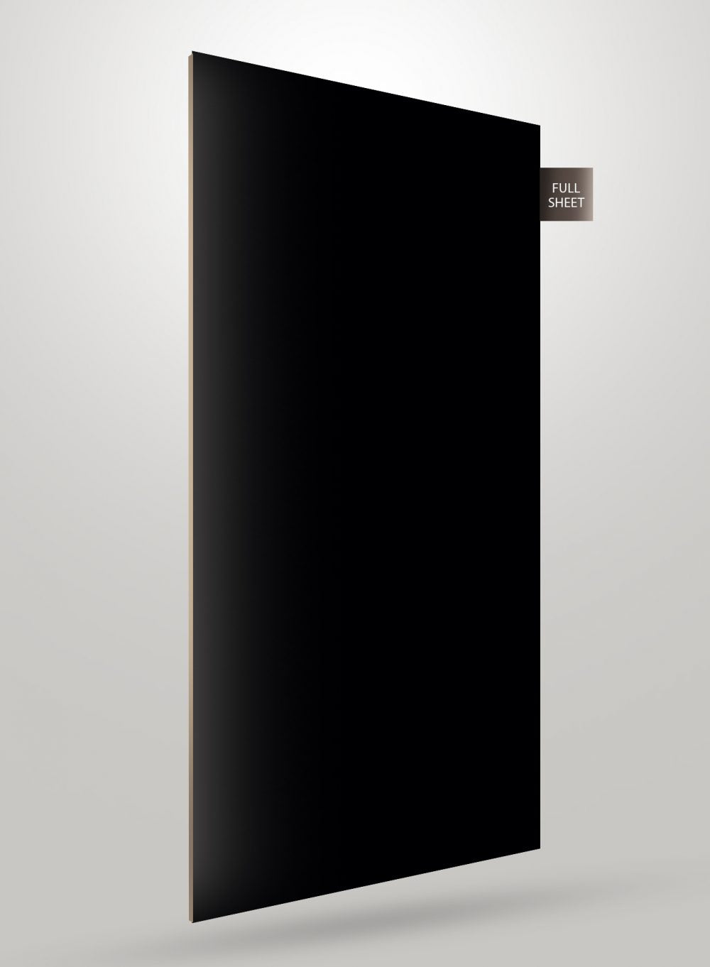 Black matte laminate sheet with smooth finish and full sheet label visible on corner.