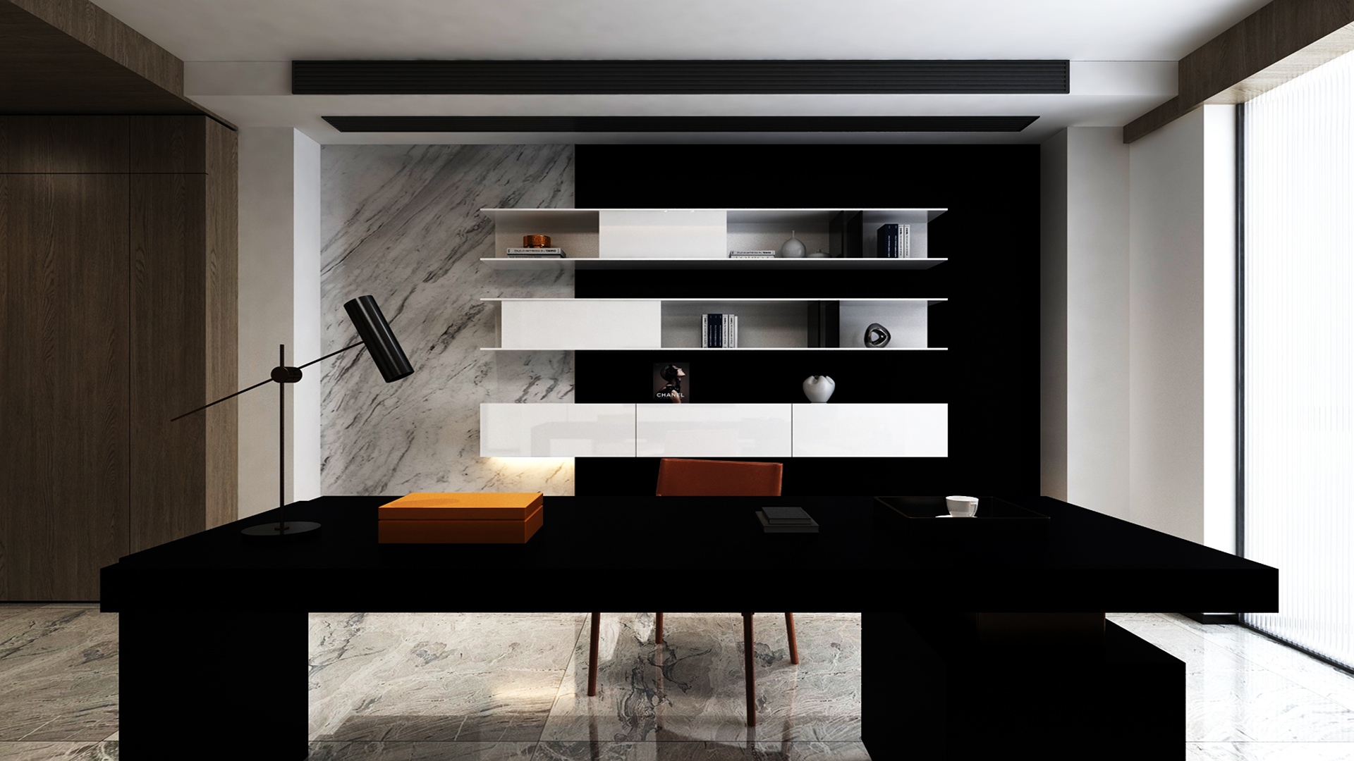 Black matte laminate in modern room setting with minimalist decor and marble accents on walls and floor.