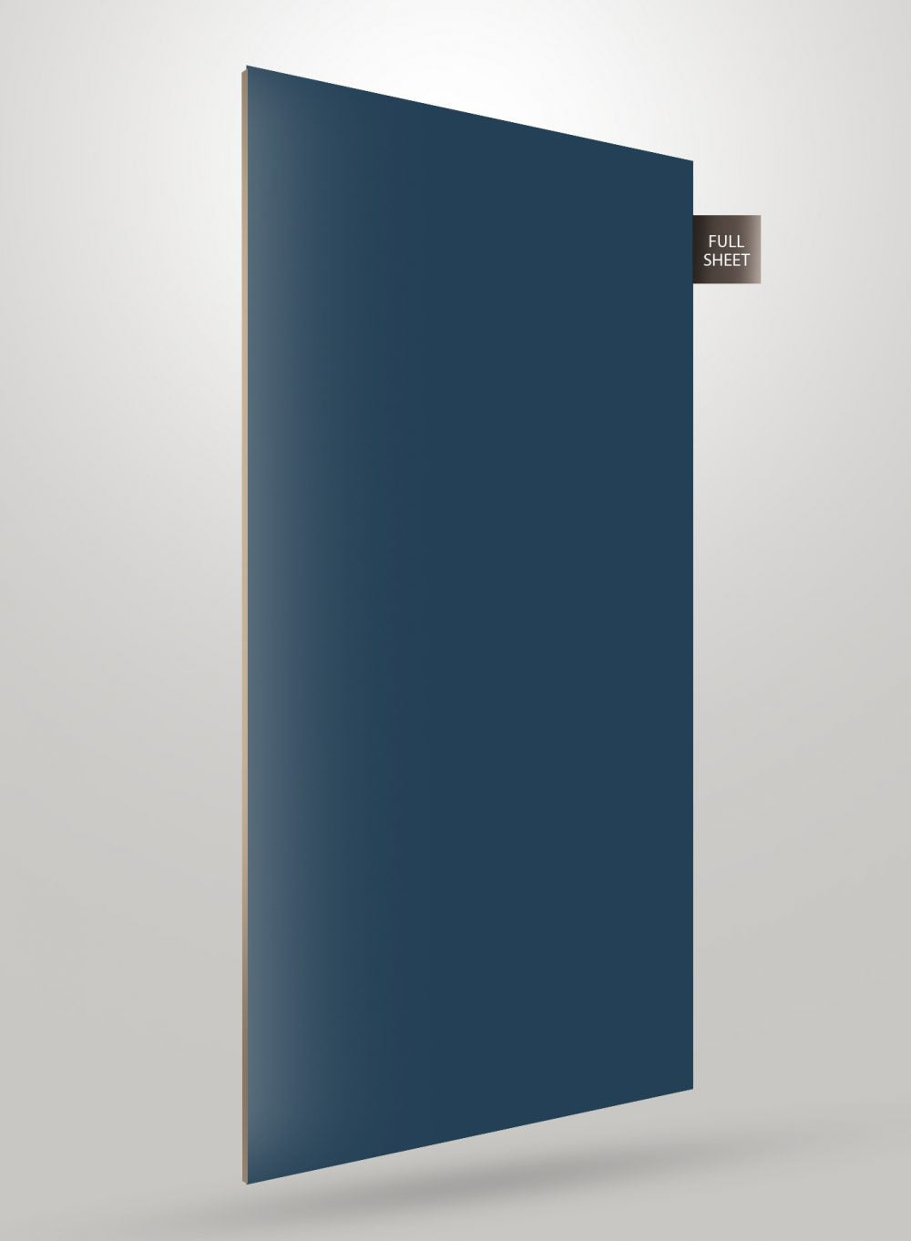 Matte blue solid colour laminate sheet with flat finish and visible edge, labelled full sheet.