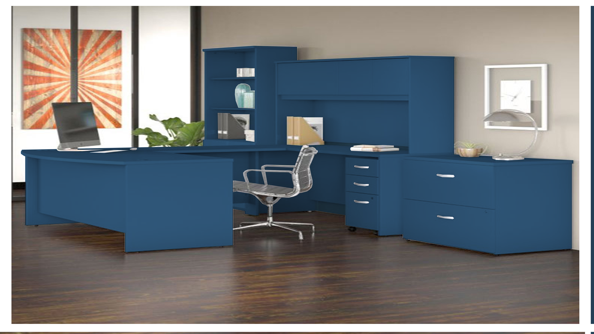 Matte blue solid colour laminate used in office furniture with a flat finish and smooth texture.
