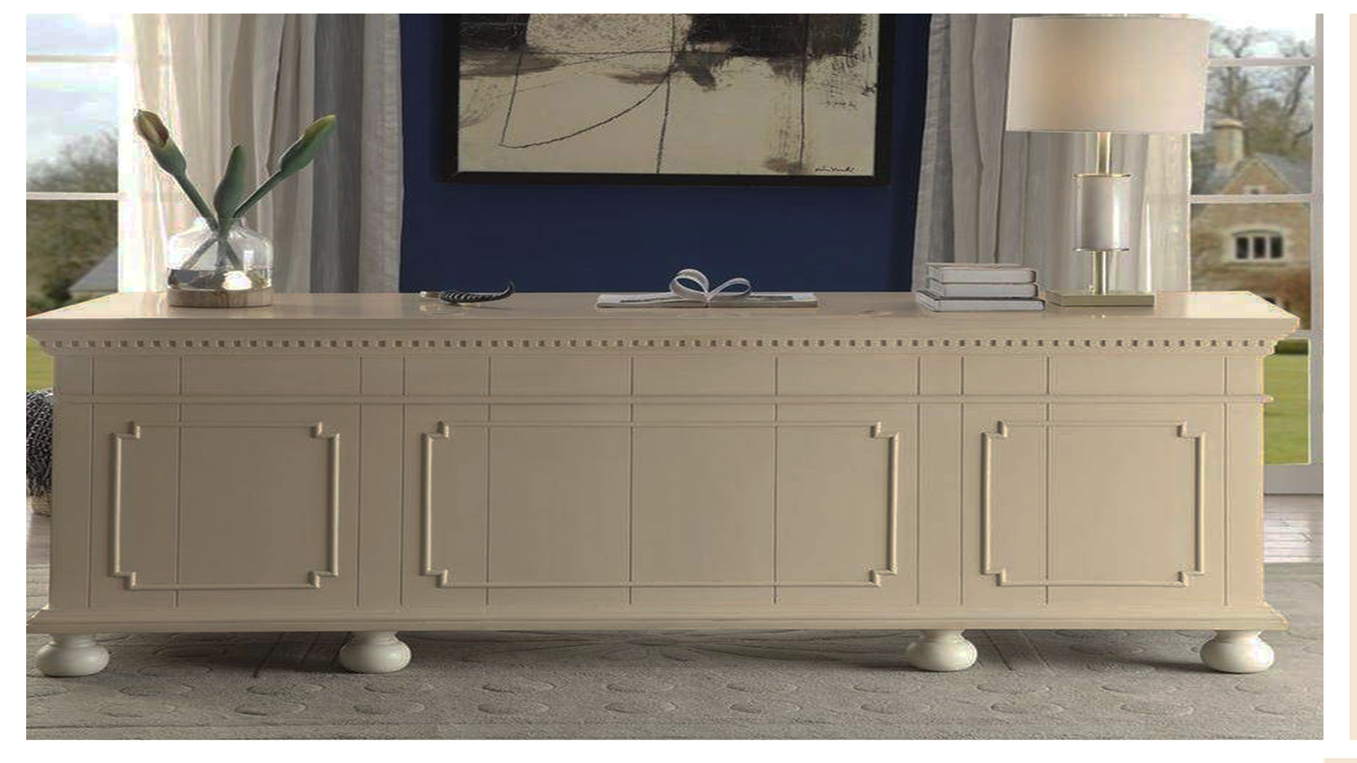 Beige decorative laminate sideboard with matte finish, decorative trim, and classic design in a modern living room setting.