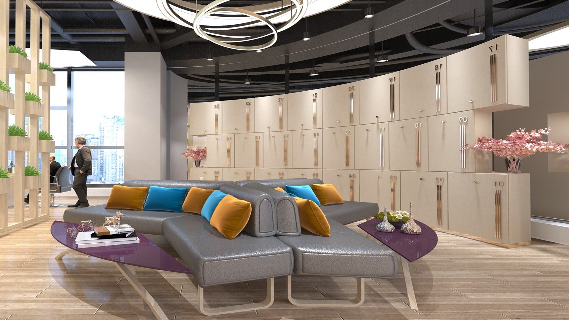 Beige laminate locker room with modern furniture and decorative elements, showcasing matte finish and smooth texture of