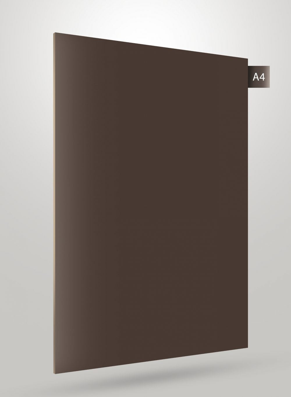 Matte brown laminate sheet with smooth finish and subtle shadow effect, labeled A4.