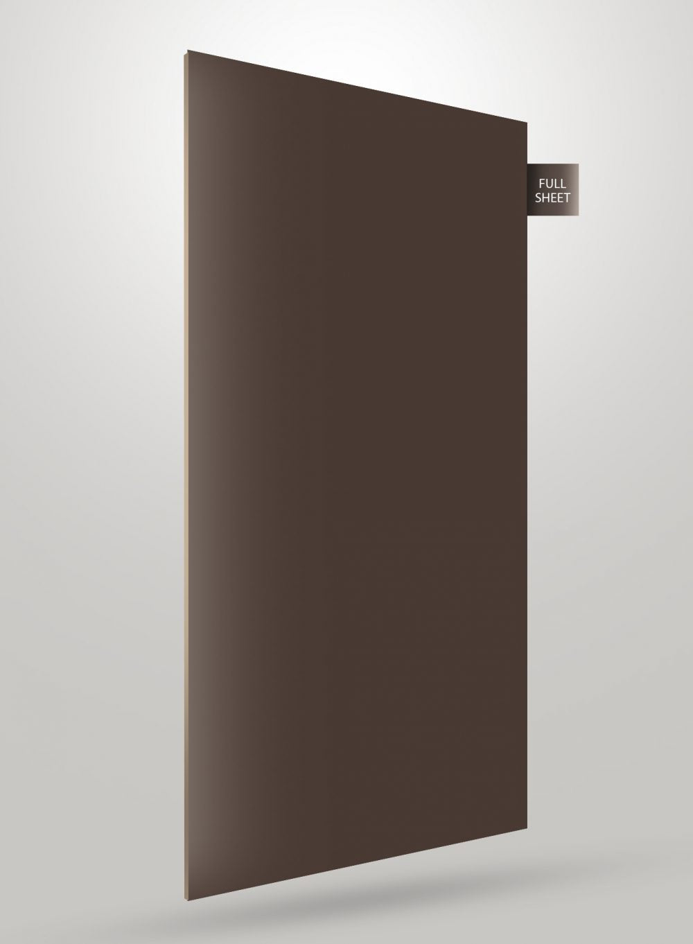 Brown matte laminate sheet with smooth finish and full sheet label on corner, decorative patterned laminate for interior use.