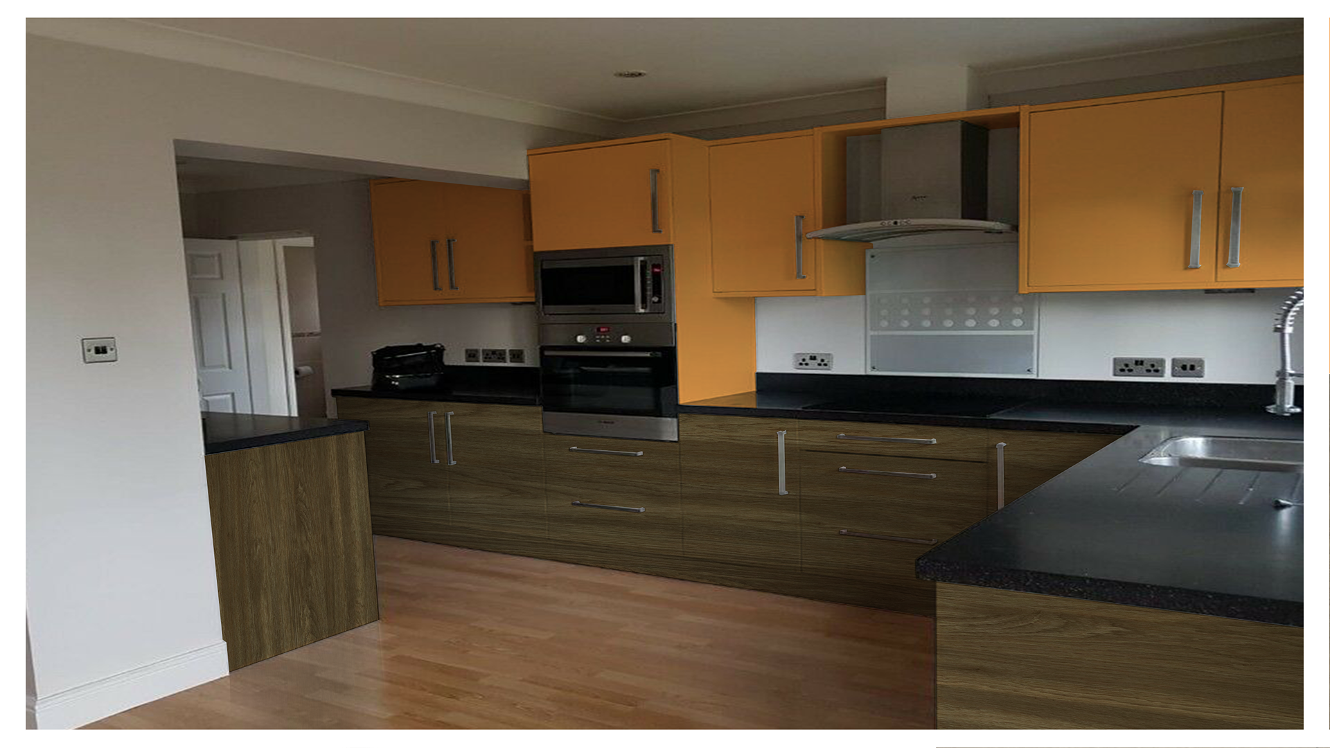 Brown wood grain laminate kitchen cabinets with matte finish and silver handles in a modern kitchen setting.