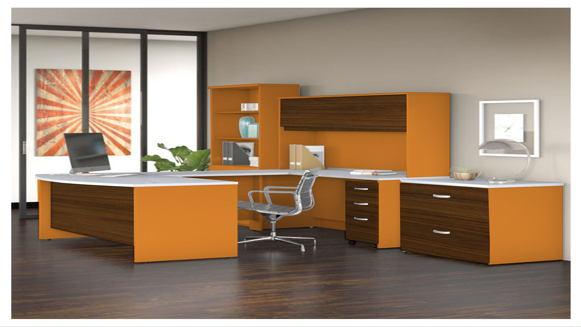 Orange matte laminate used in modern office furniture with white countertops and dark wood accents on cabinets and floor