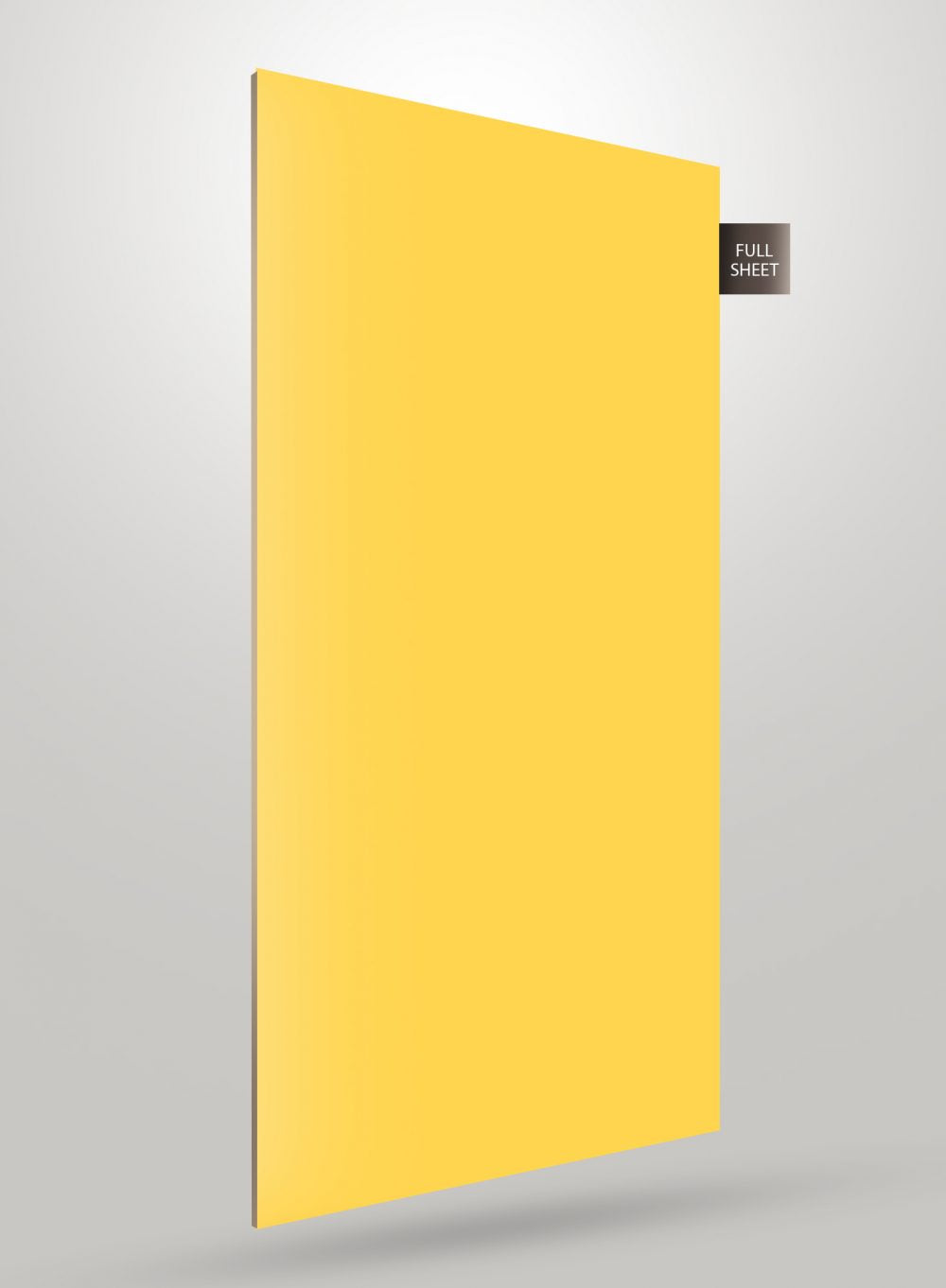 Yellow solid colour laminate sheet with matte finish displayed upright with full sheet label on grey background.
