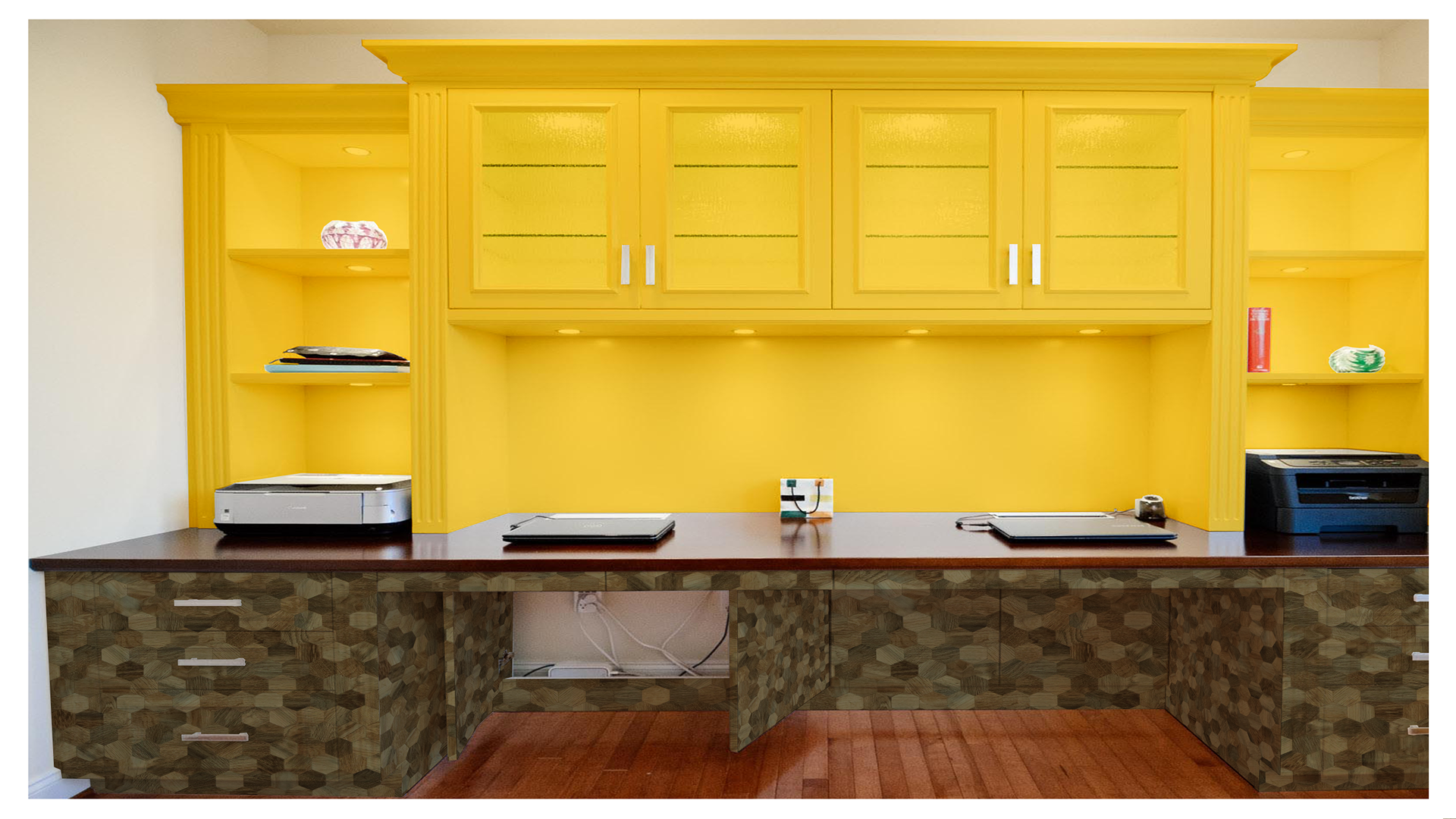 Yellow matte laminate used on kitchen cabinets and shelves with a dark brown countertop and patterned wooden drawers.