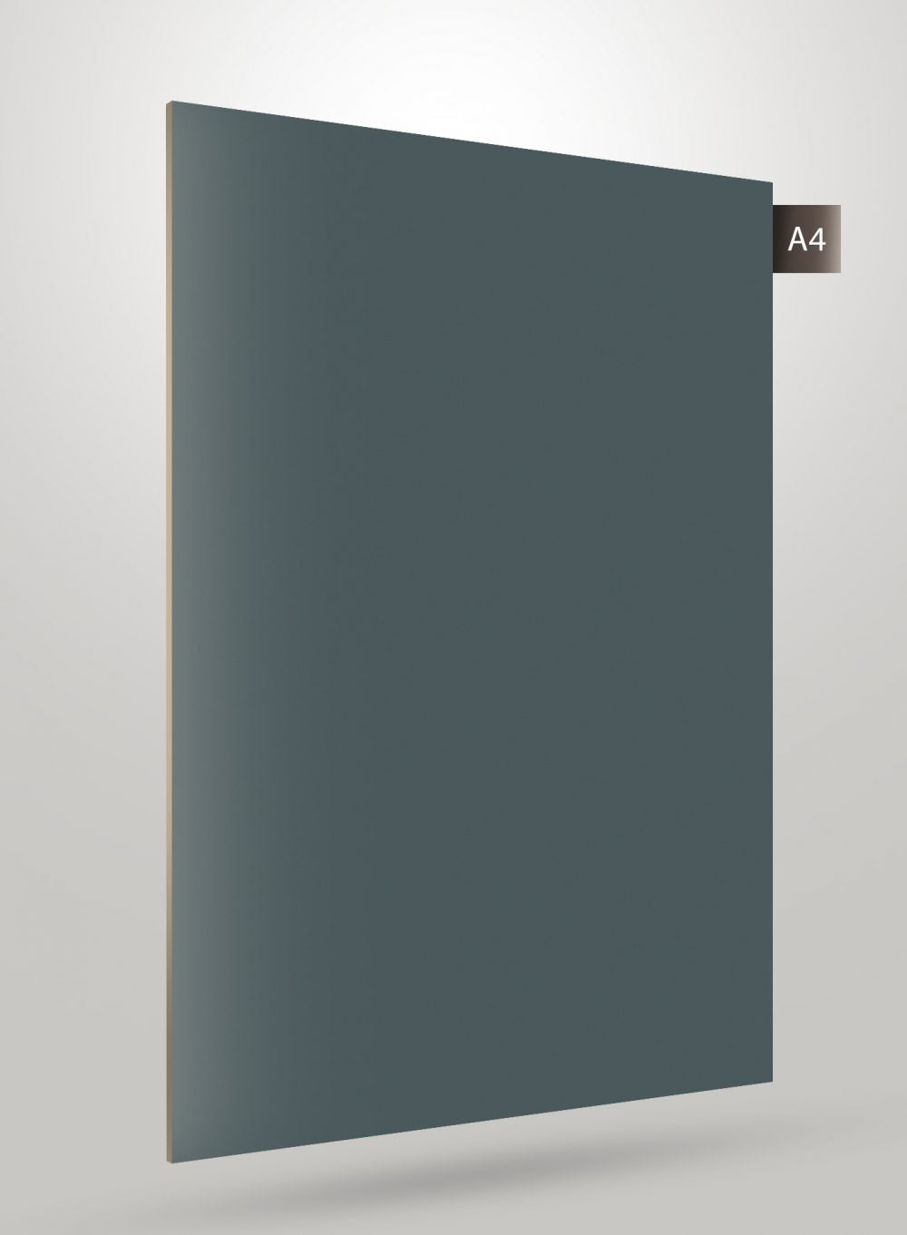 Matte grey solid colour laminate sheet with flat finish and smooth texture, labelled A4.