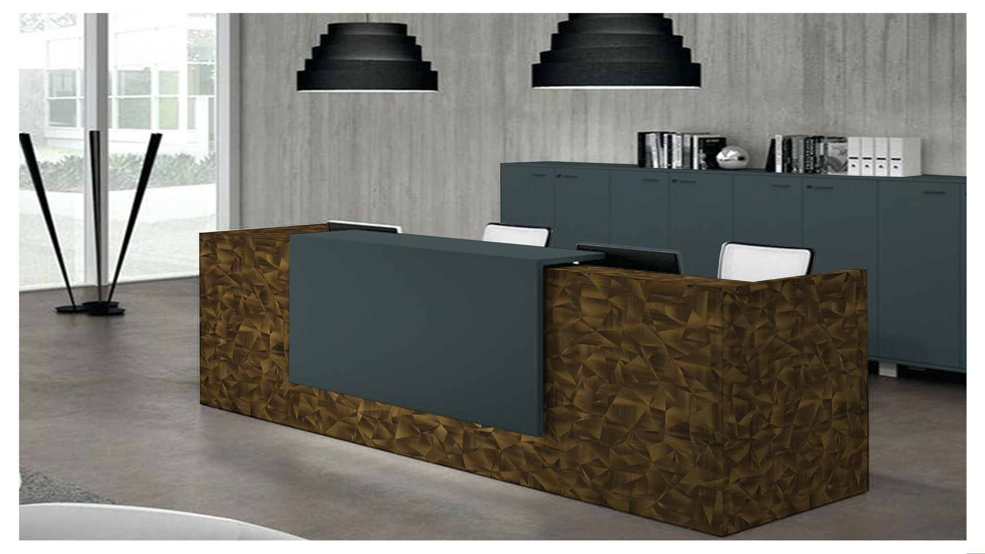 Grey laminate reception desk in modern office with textured wooden finish and matte grey cabinets and black pendant lights