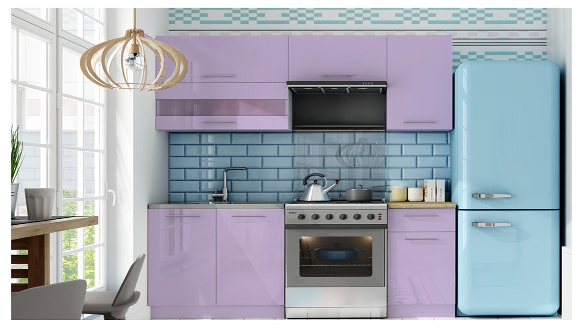 Purple laminate kitchen cabinets with glossy finish in a modern kitchen setting with blue tiles and appliances.