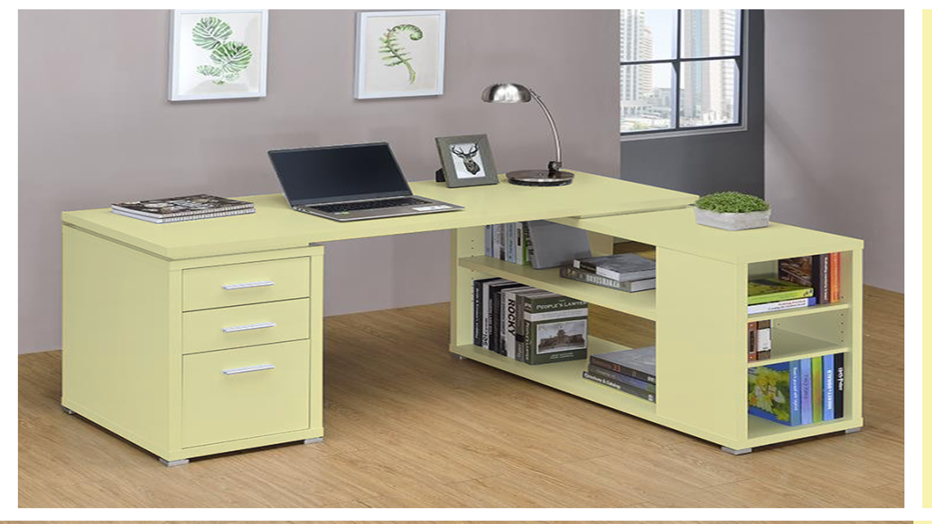 Yellow solid colour laminate desk with matte finish, used in a modern office setting with books and decor.