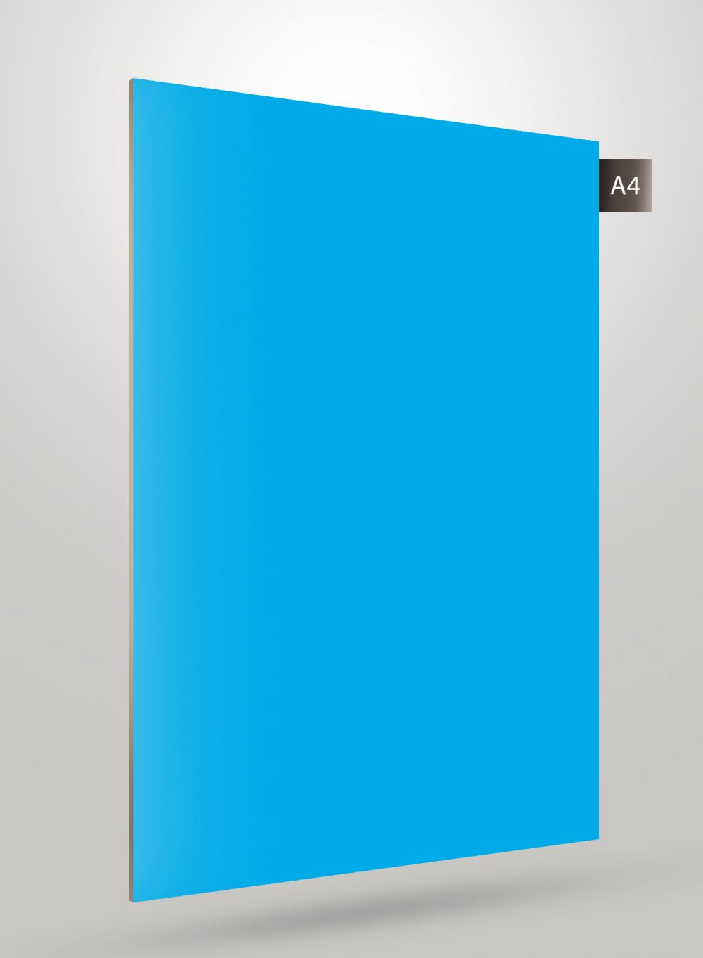 Blue solid colour laminate with matte finish and smooth texture, decorative laminate sheet displayed at an angle.