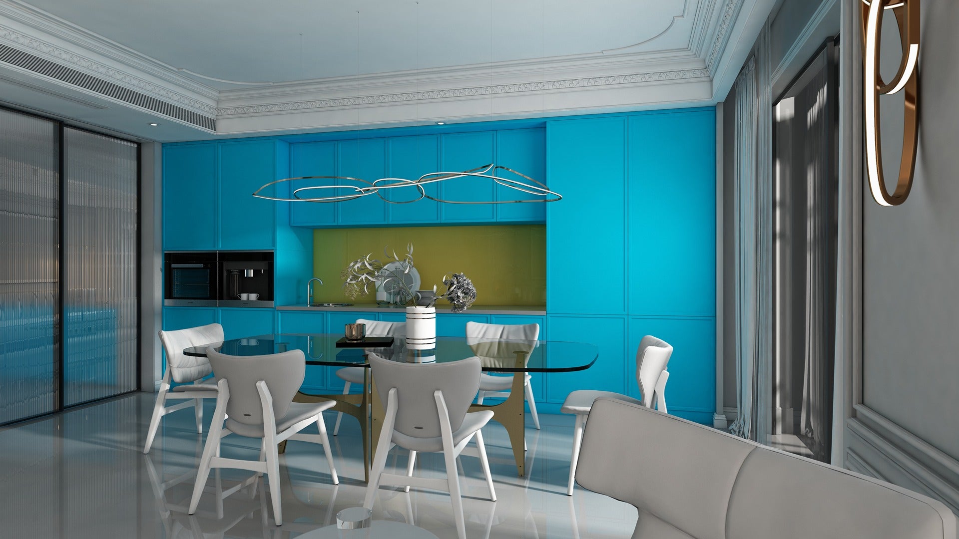 Blue decorative laminate used on kitchen cabinets and walls in modern dining area with white furniture and minimalist decor.