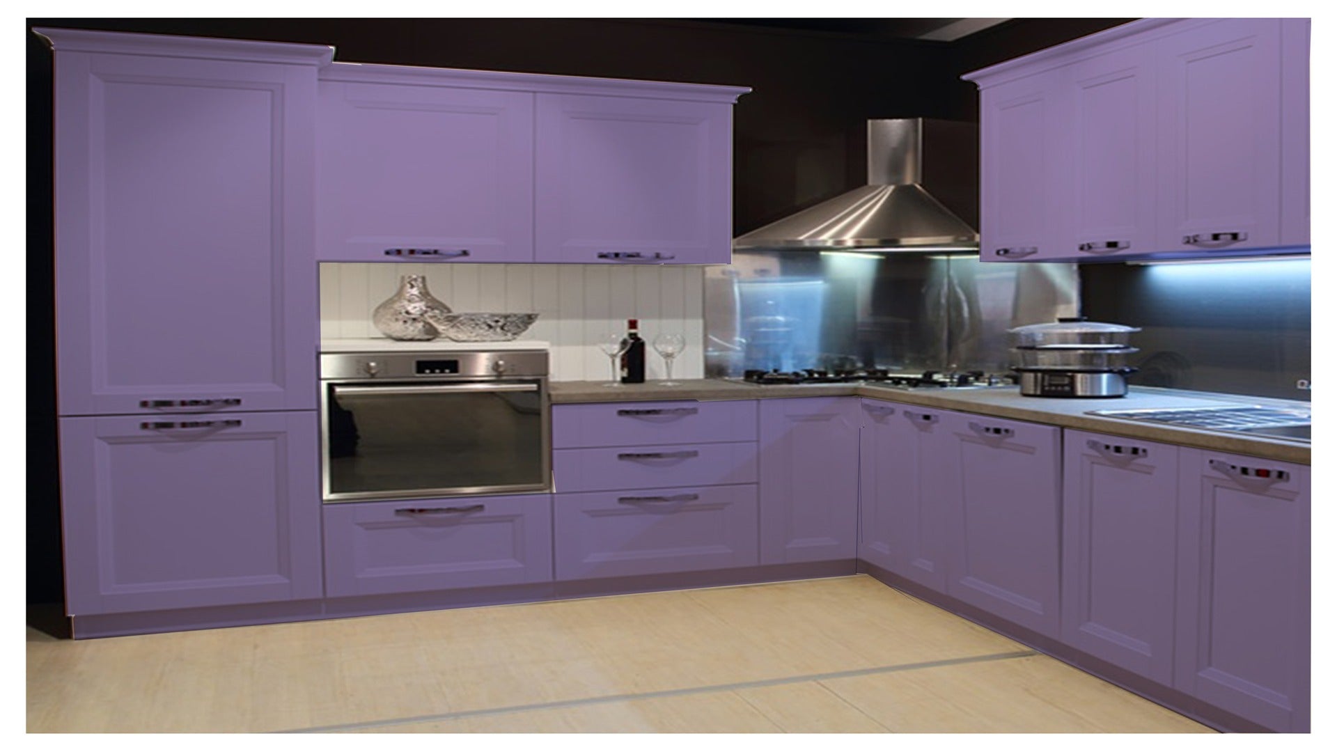 Purple decorative laminate kitchen cabinets with matte finish and raised panel design in a modern kitchen setting.
