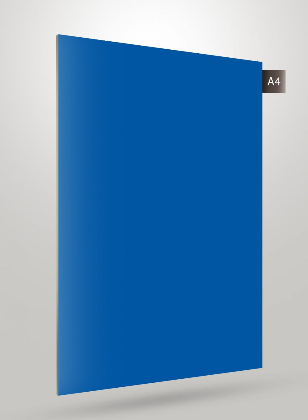 Blue solid colour laminate with matte finish and smooth texture, decorative laminate sheet displayed against a neutral