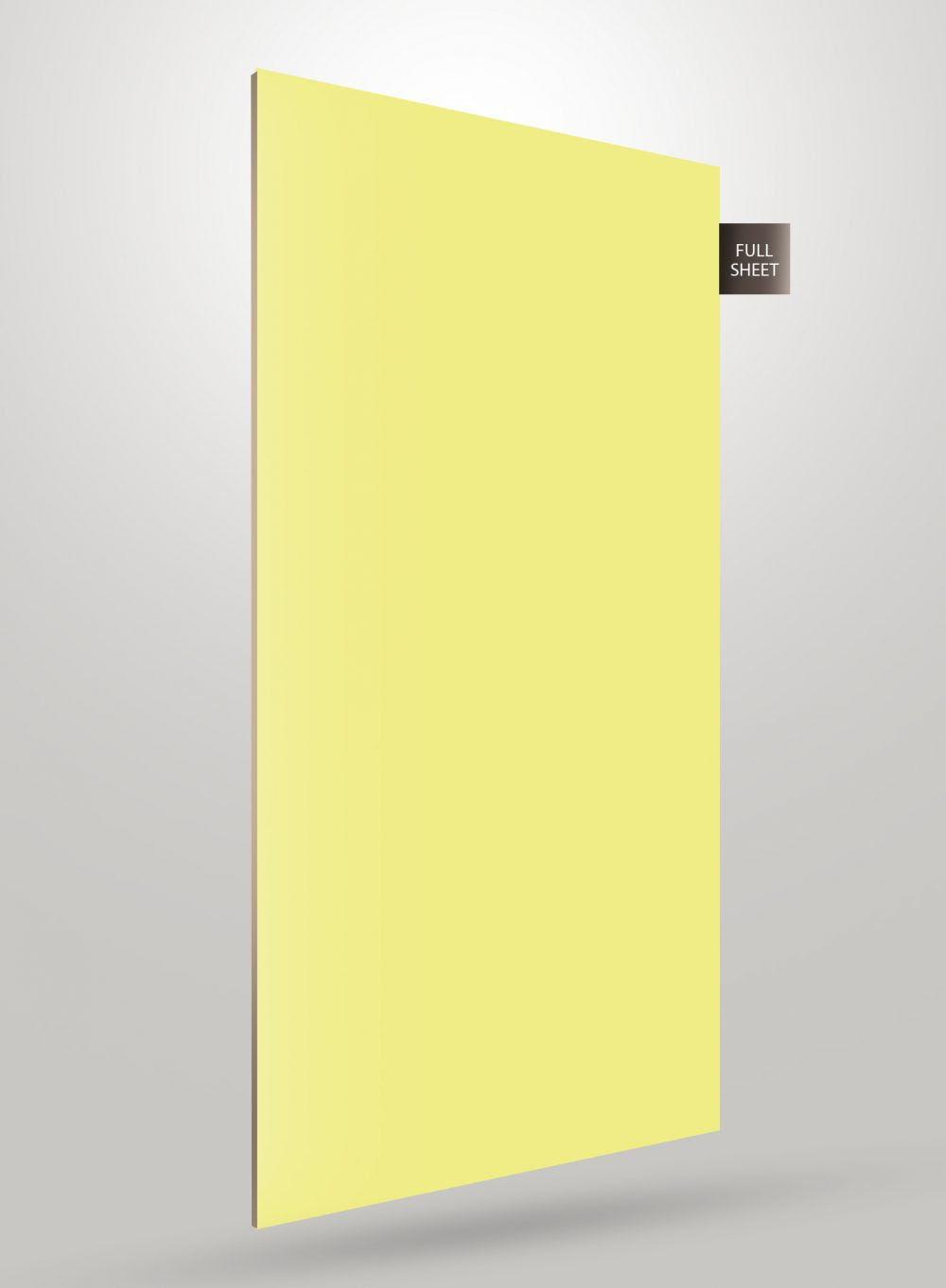 Yellow solid colour laminate sheet with matte finish displayed at an angle with full sheet label.