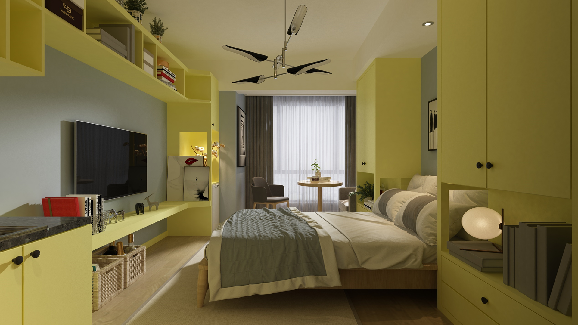 Yellow matte laminate in modern bedroom interior with furniture and decor, showcasing solid color finish and smooth texture.