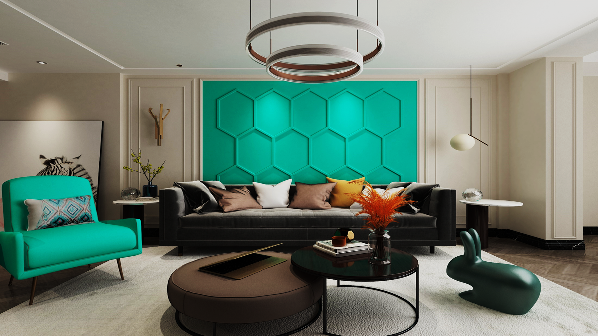 Solid green decorative laminate with matte finish used on geometric wall panel in modern living room interior design