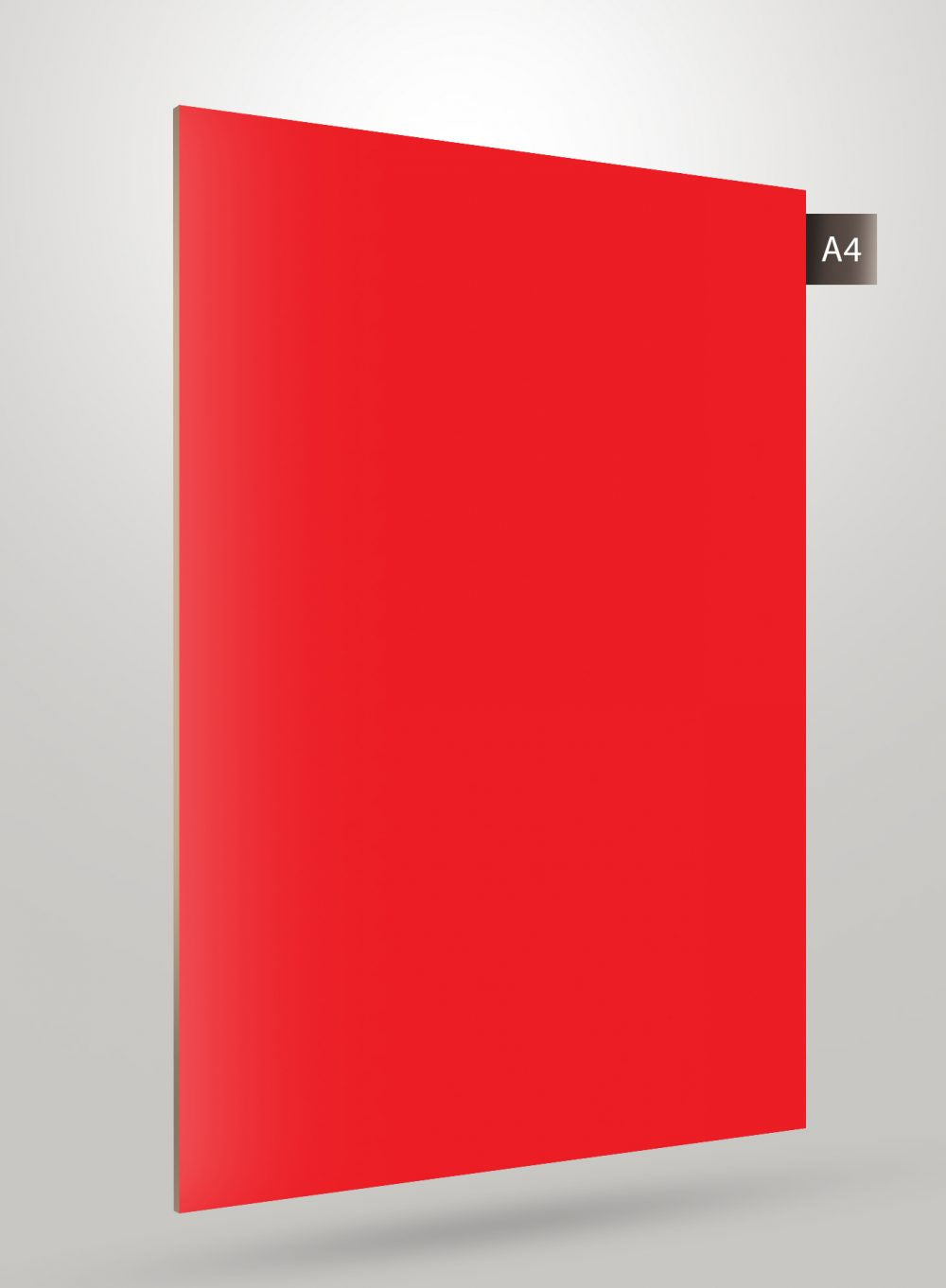 Red solid colour laminate with matte finish and flat surface, decorative laminate sheet displayed against a light grey