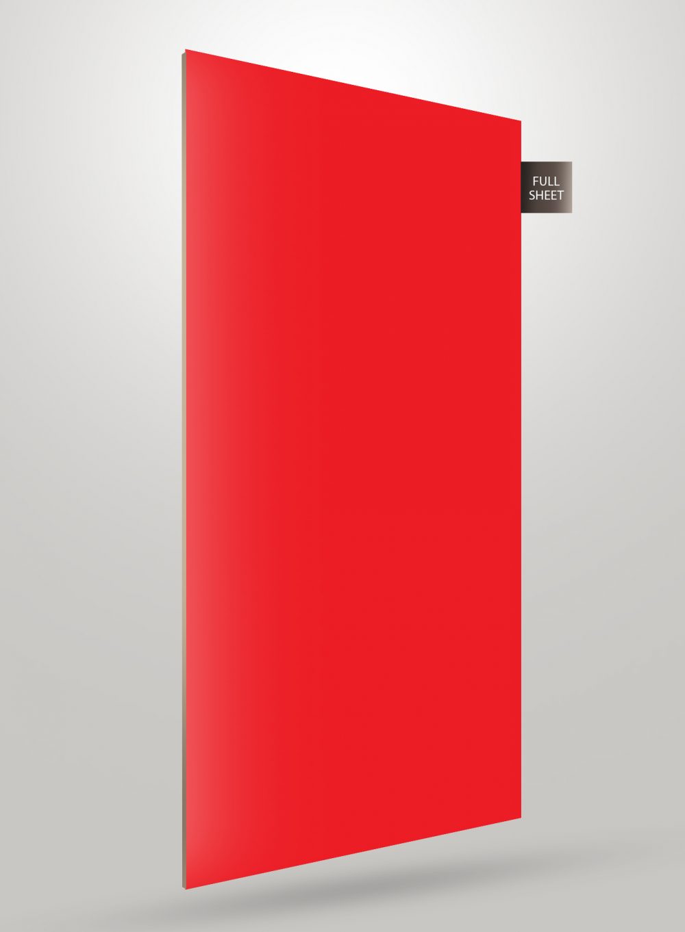 Matte red solid colour laminate sheet with flat finish and label indicating full sheet size.