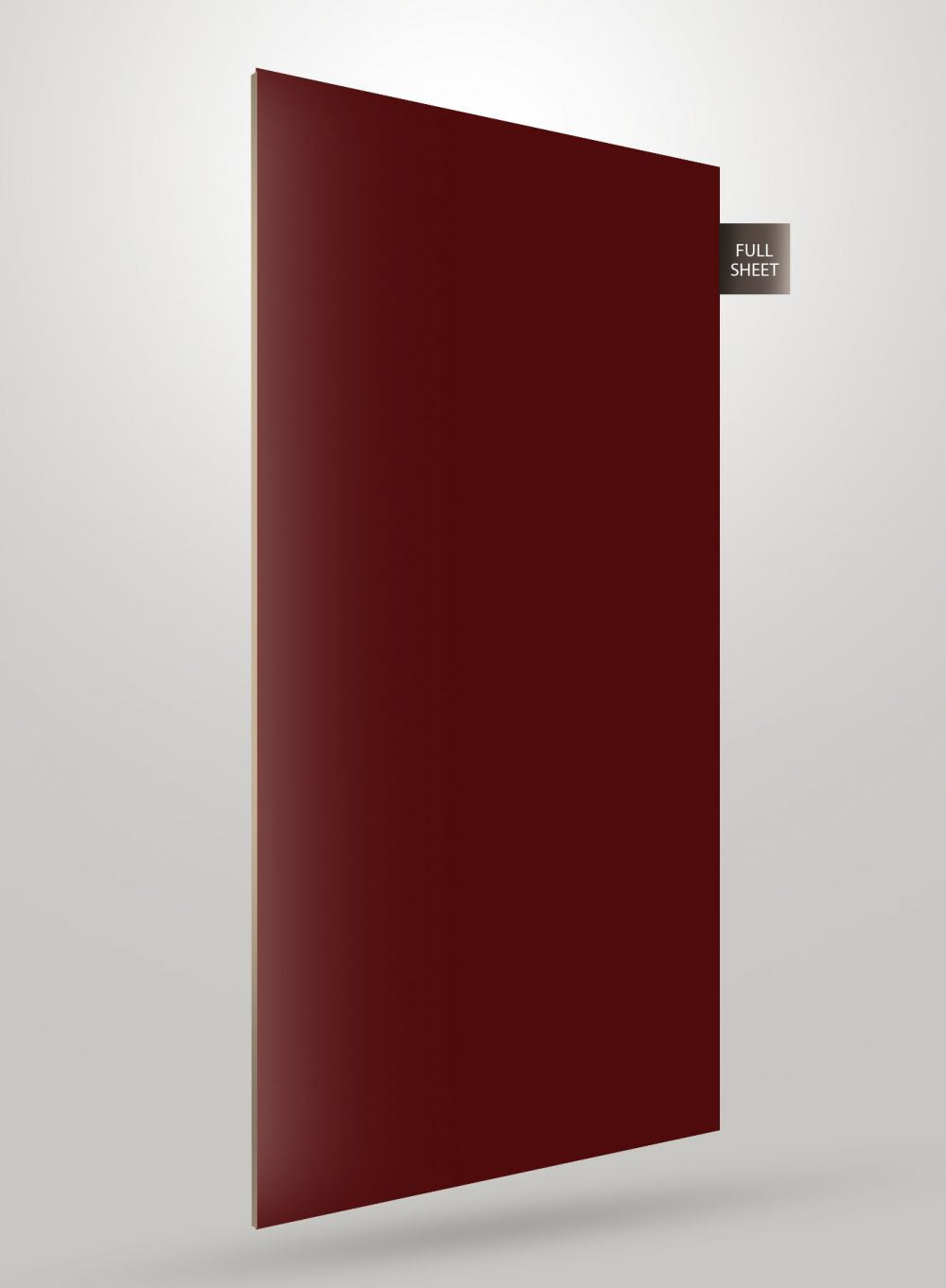 Matte red solid colour laminate sheet with flat finish and label indicating full sheet size.
