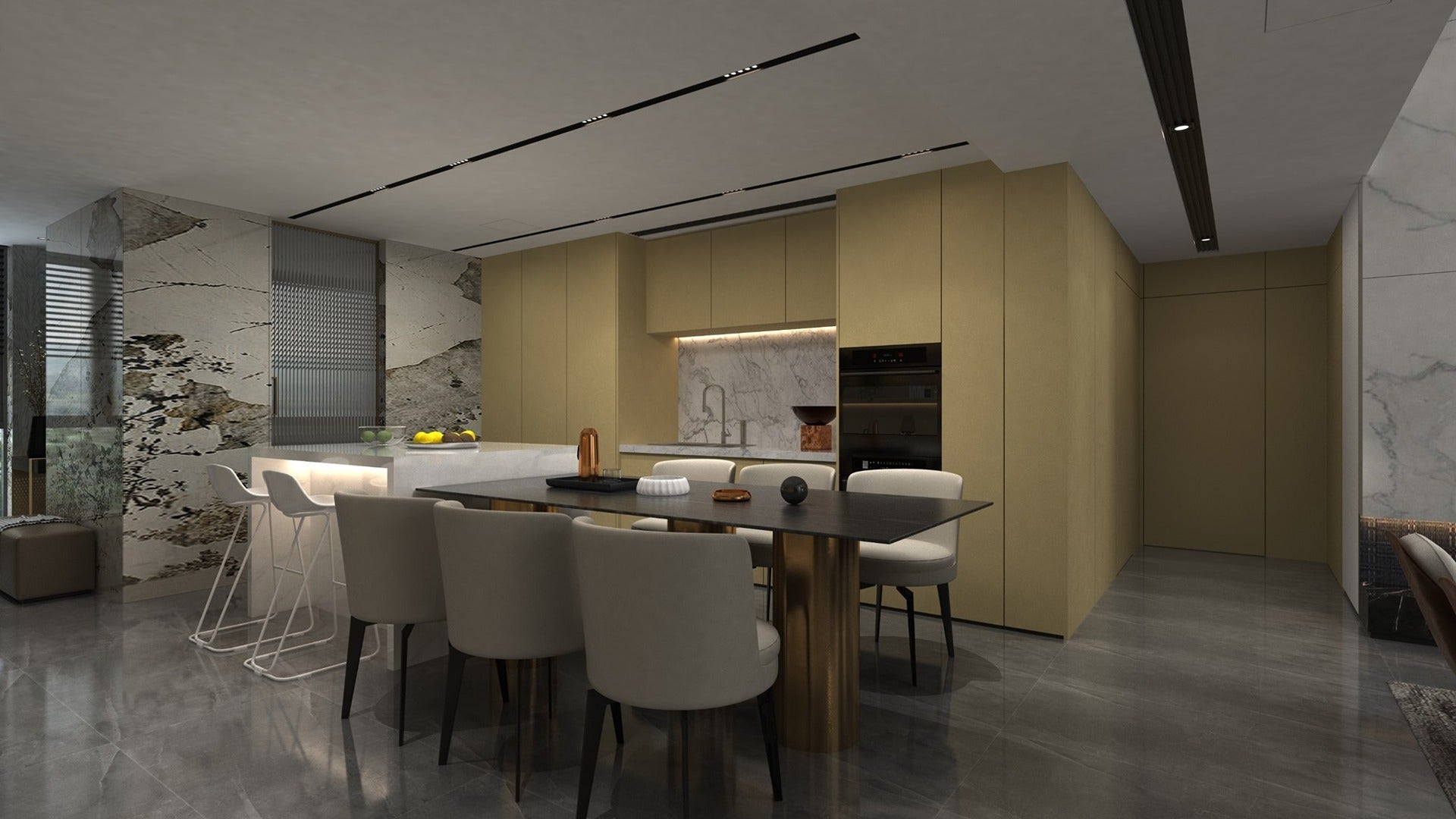 Beige matte laminate kitchen cabinets in modern interior design setting with sleek furniture and marble accents.