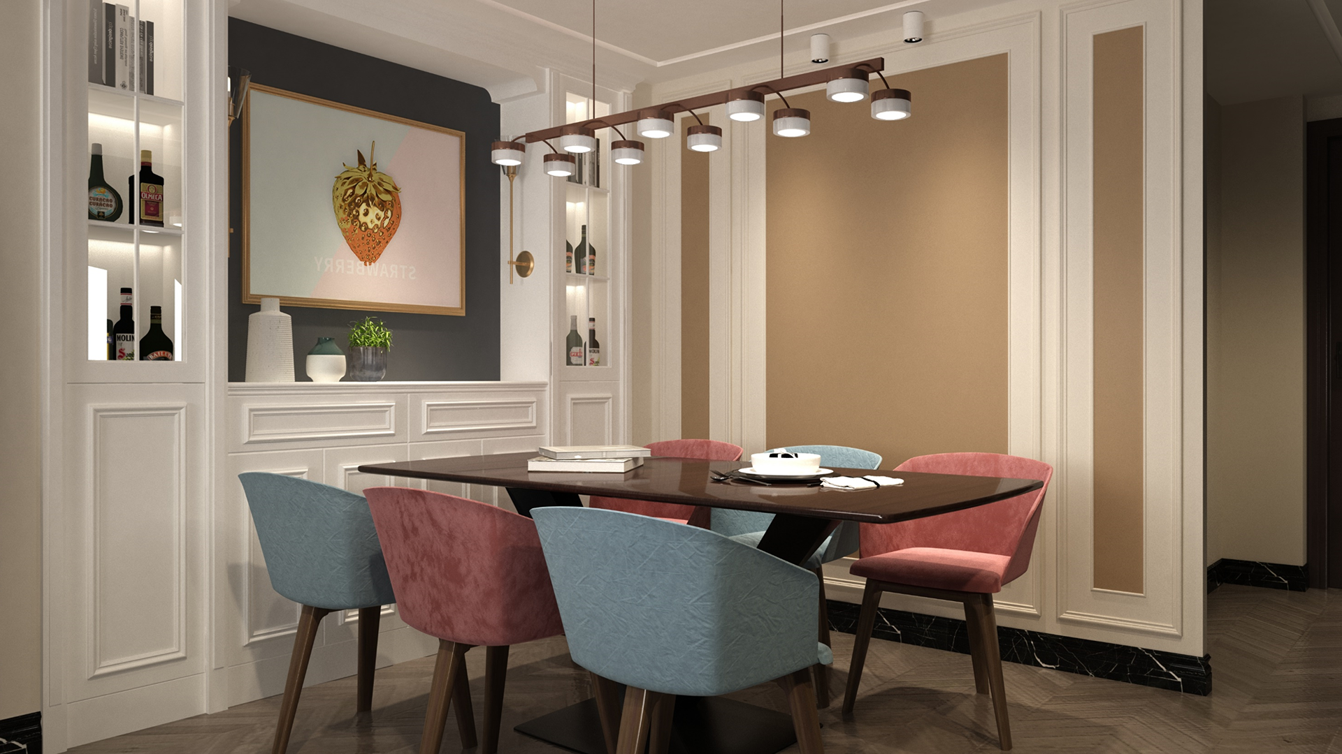 Beige matte laminate wall in modern dining room with decorative elements and furniture.
