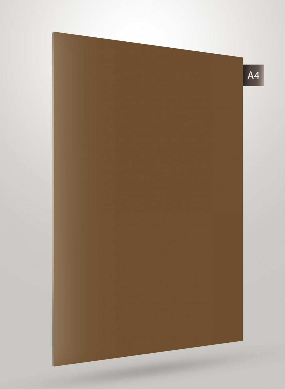 Brown matte laminate sheet with solid colour finish and smooth texture, decorative laminate sample with code label.