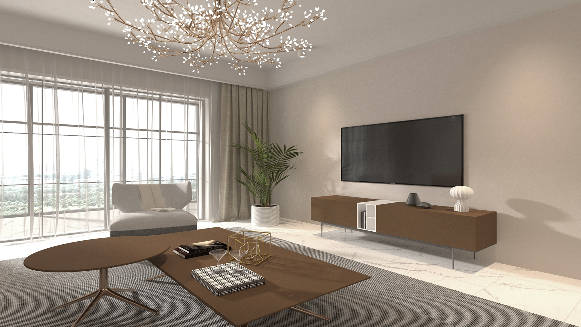 Brown matte laminate in modern living room setting with furniture and decor showcasing its solid color and texture.