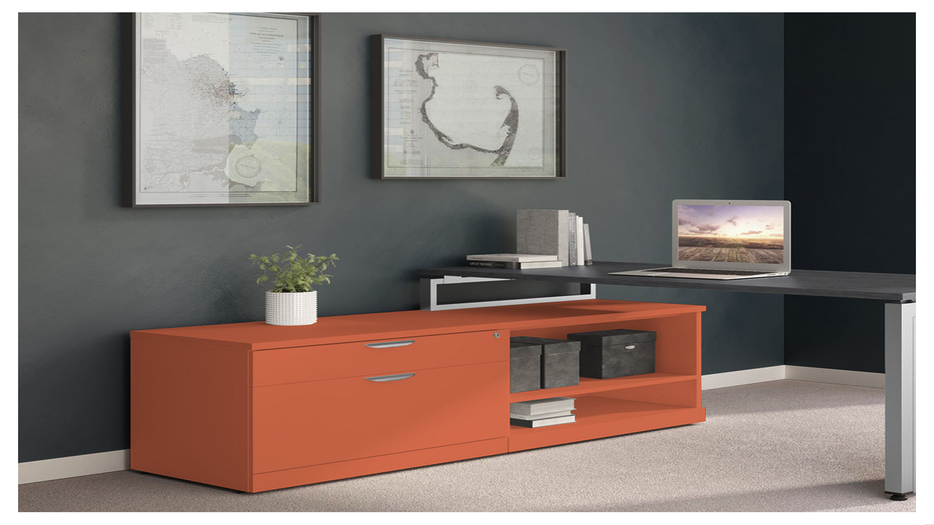 Matte orange decorative laminate used on office furniture with a flat finish and smooth texture