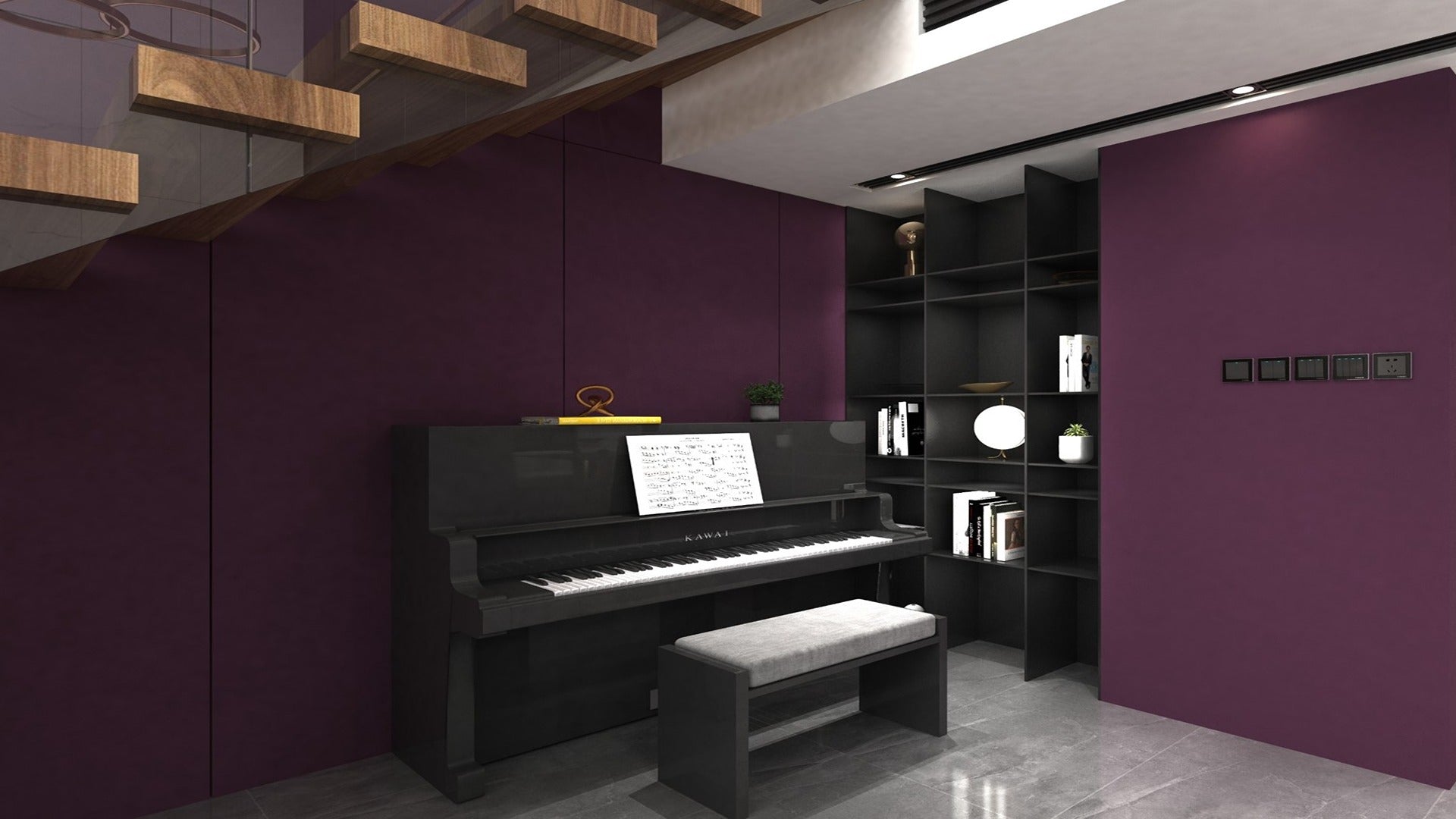 Purple matte laminate wall panels in a modern room with piano and bookshelves, showcasing solid color interior design.