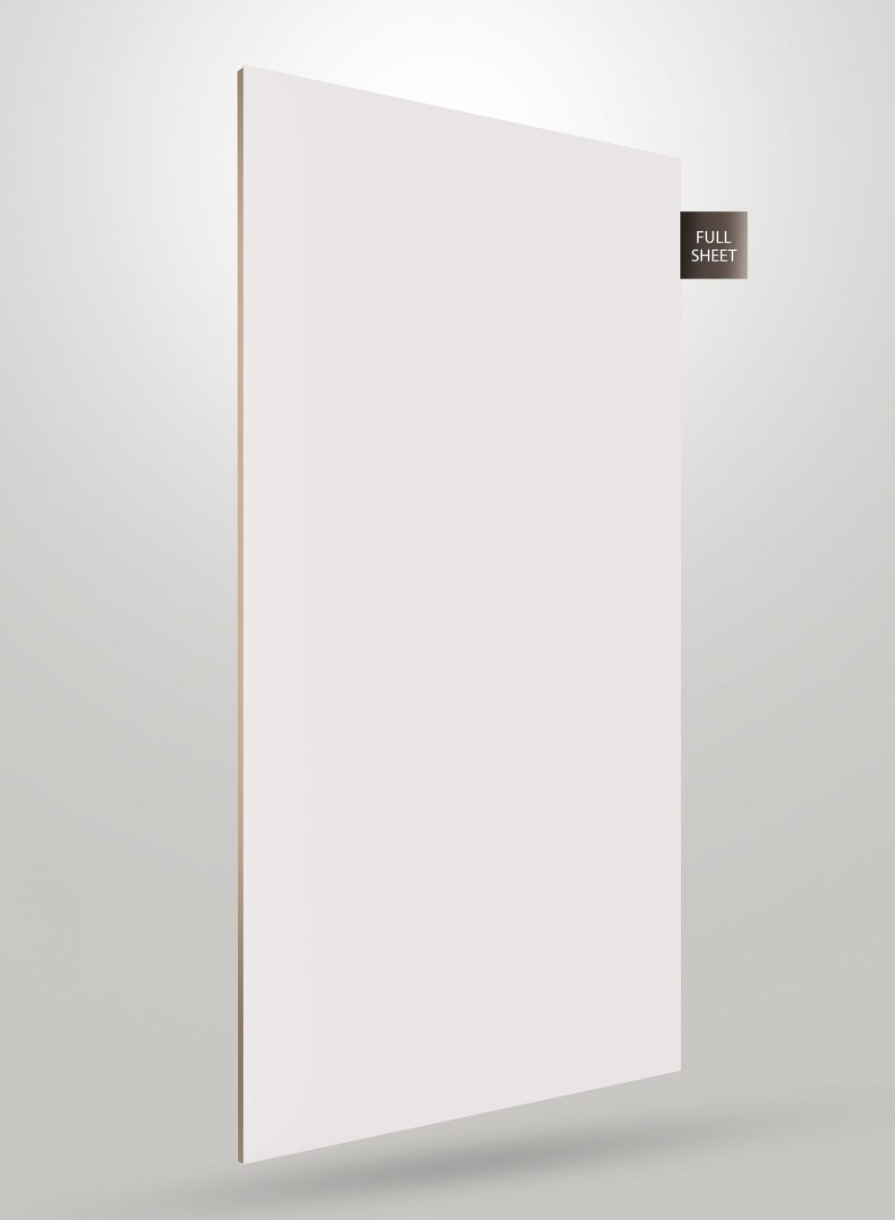 White solid colour laminate sheet with matte finish, shown standing upright with visible edge and full sheet label.