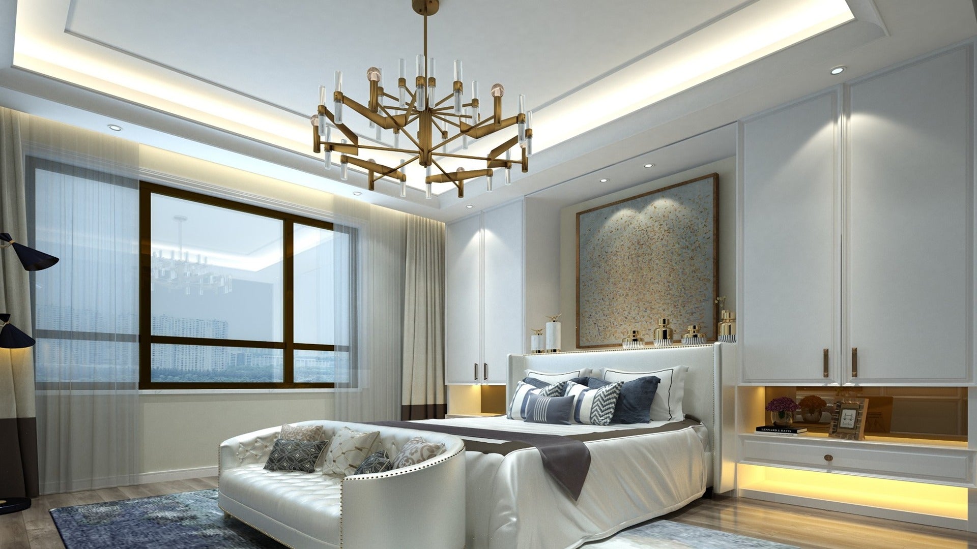 White matte laminate used in modern bedroom interior with white furniture and gold chandelier, showing smooth finish and