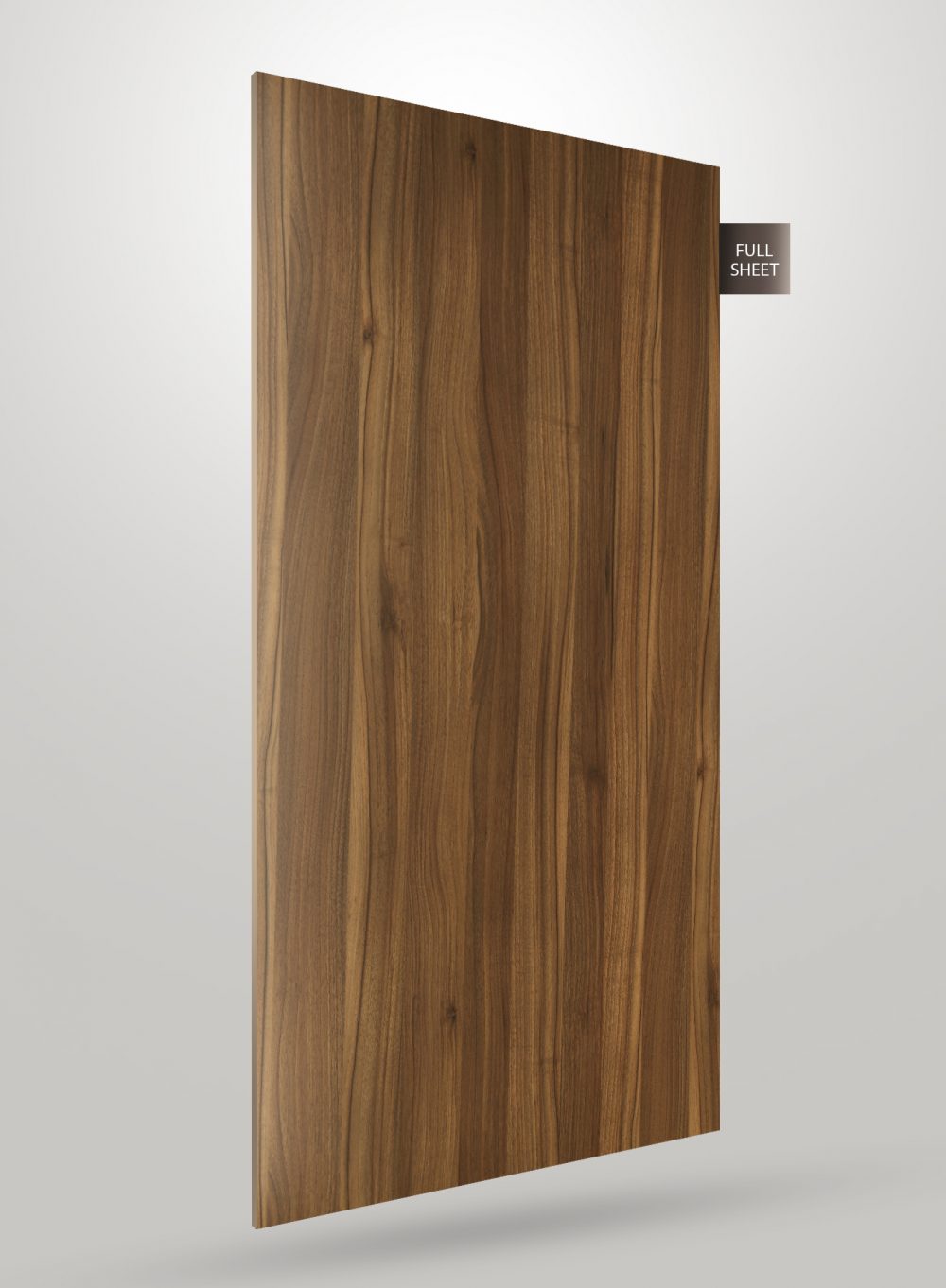 Brown wood grain decorative laminate with vertical grain pattern and matte finish, shown as full sheet.