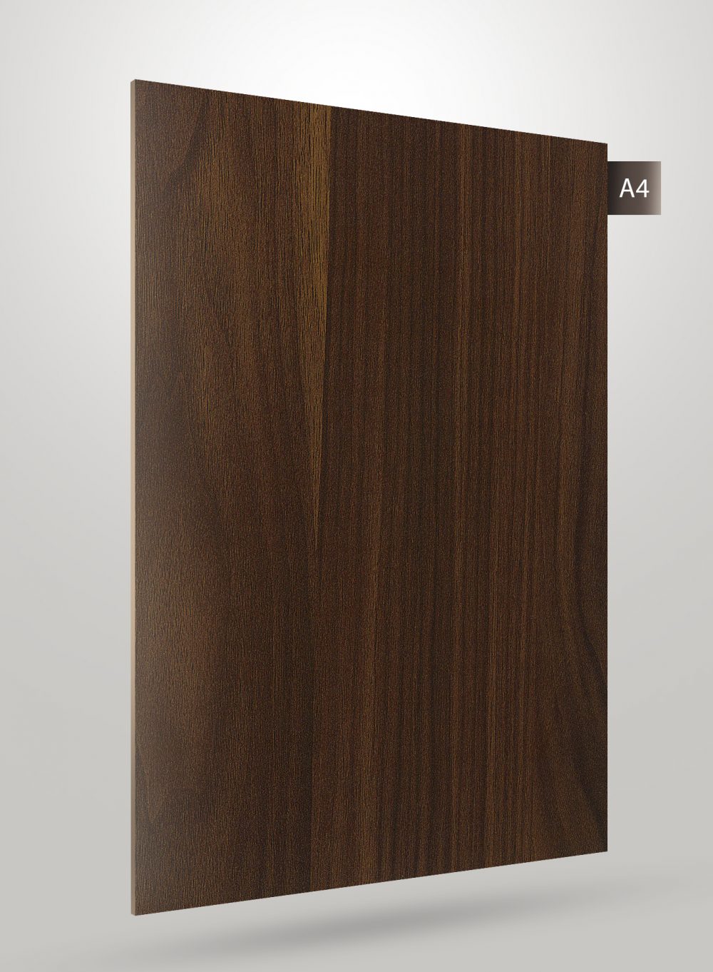 Brown wood grain decorative laminate with matte finish and vertical wood texture pattern on a sample sheet.