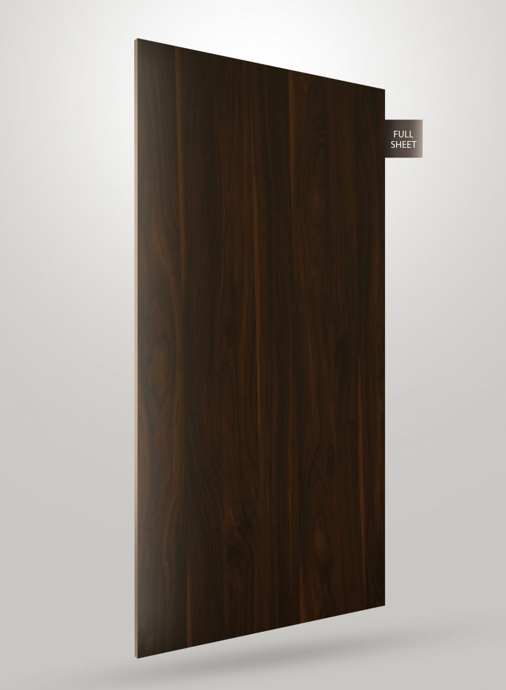Dark brown wood laminate sheet with vertical grain pattern and matte finish, labeled full sheet.