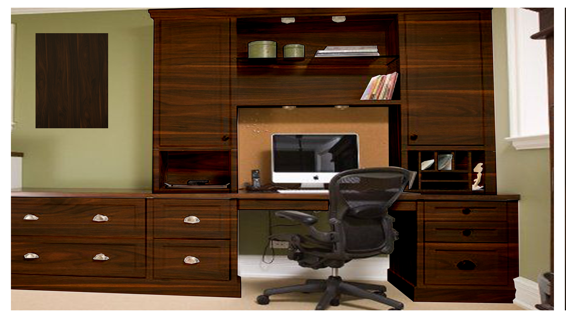 Brown wood grain laminate furniture with matte finish in a home office setup with drawers and shelves.