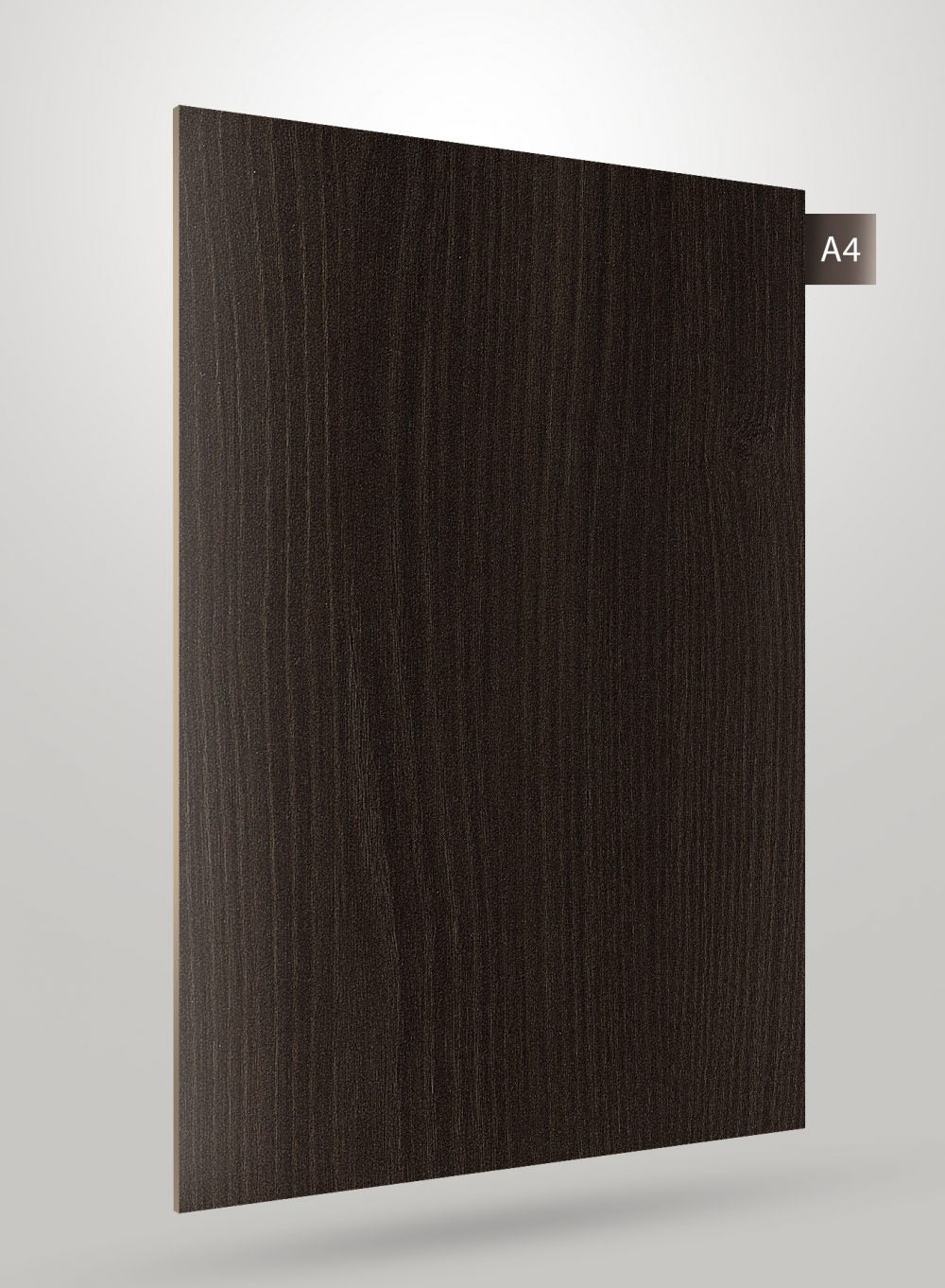 Dark brown wood grain decorative laminate with matte finish and visible wood texture.