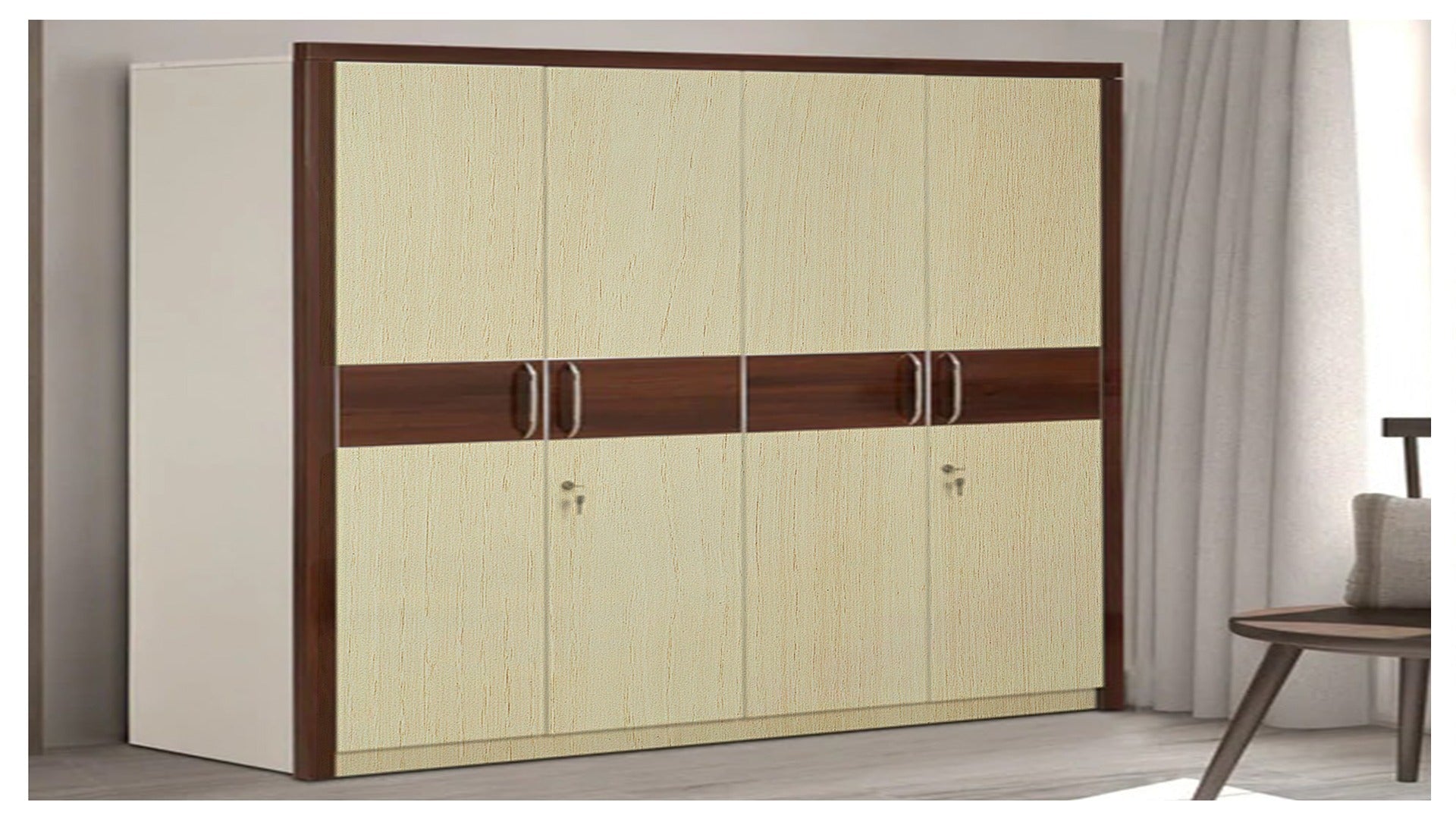 Beige wood grain laminate wardrobe with matte finish and dark brown trim and handles in a modern room setting