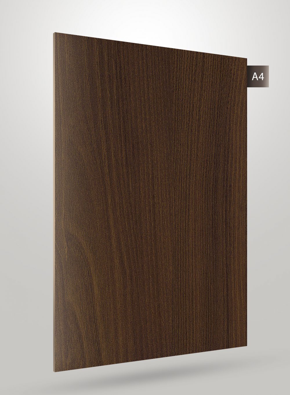 Brown wood grain decorative laminate with matte finish and vertical grain pattern on a white background