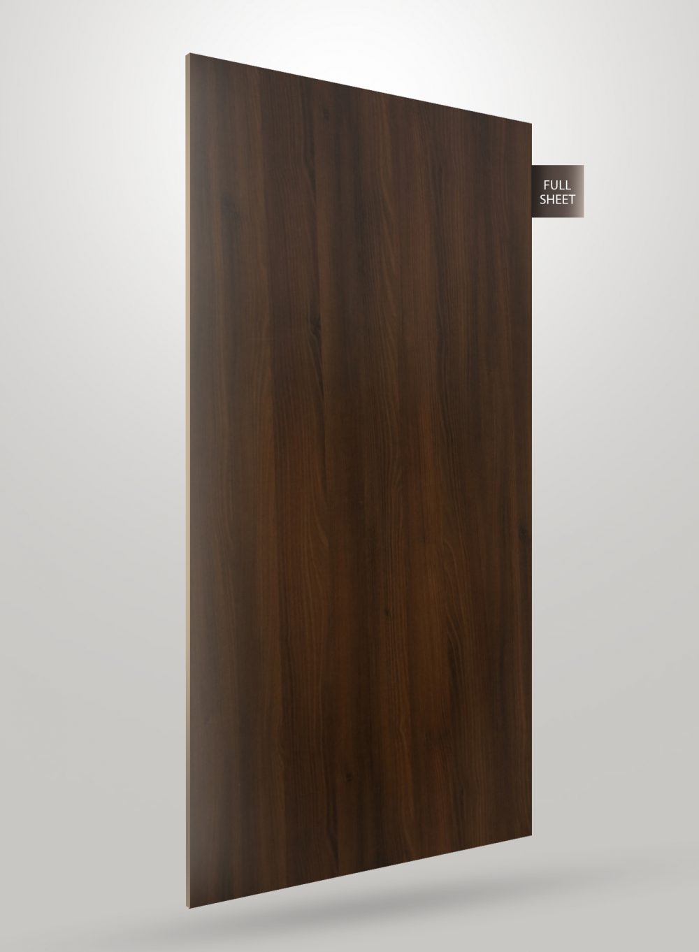 Dark brown wood grain laminate sheet with matte finish and visible wood texture, labeled full sheet.