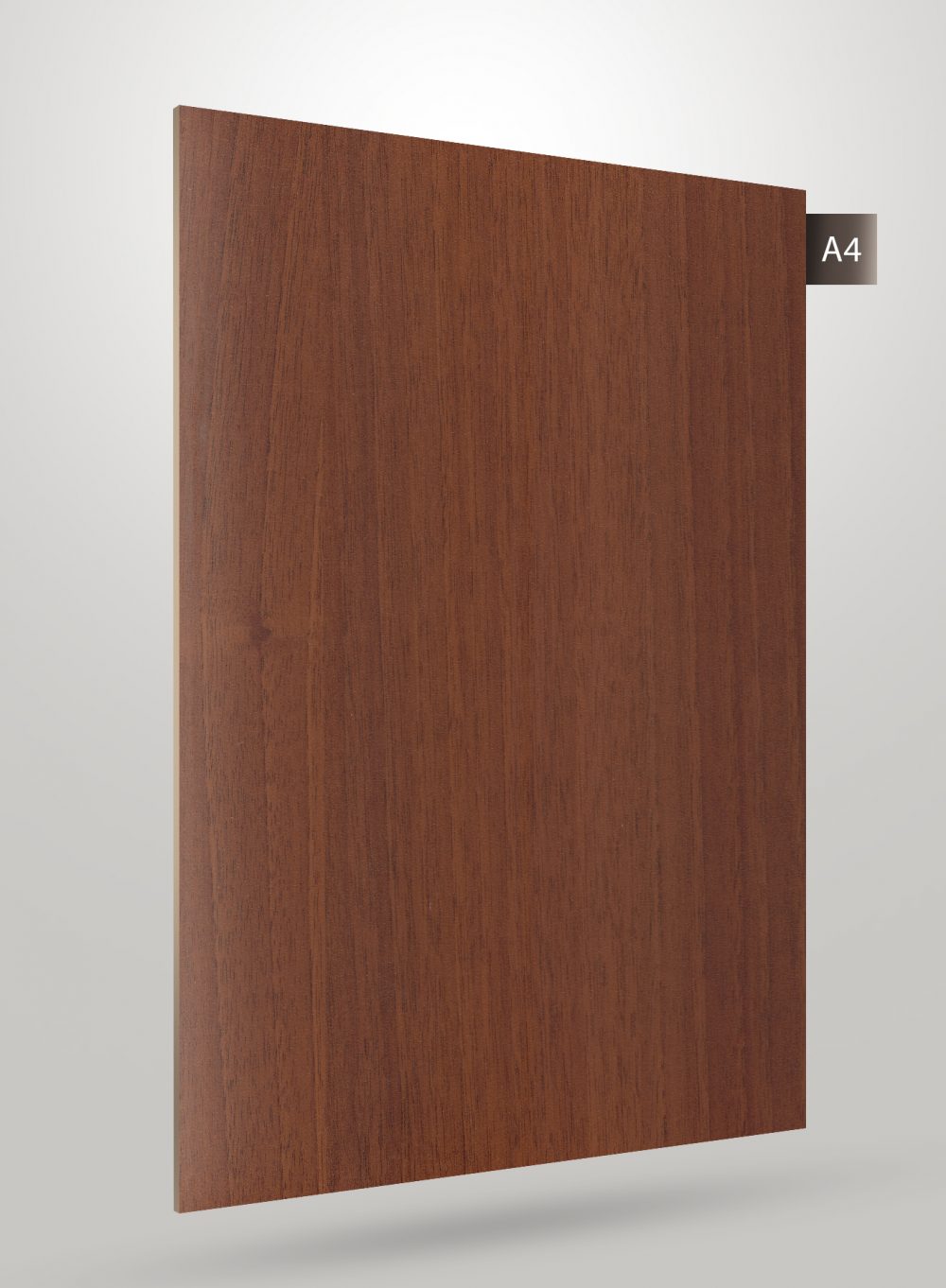 Brown wood grain decorative laminate with matte finish and visible wood texture, shown on a plain background with code label.