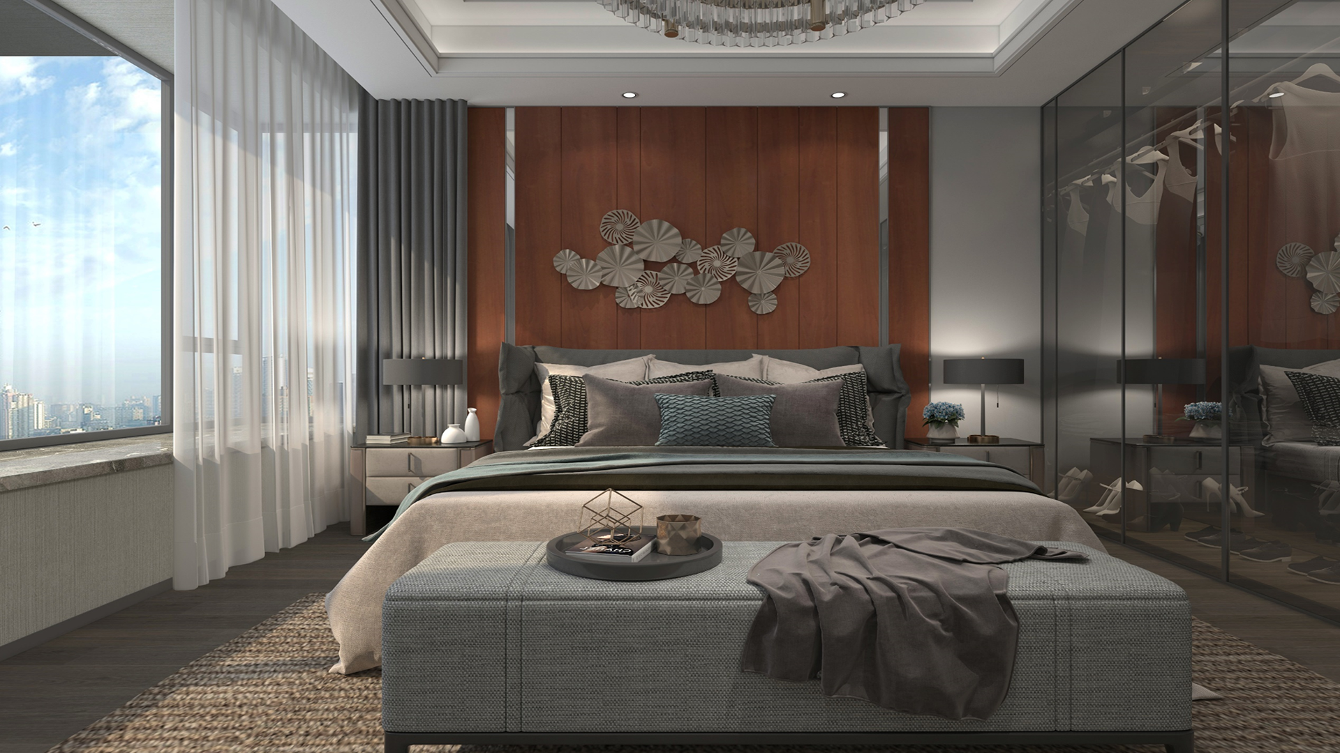 Brown wood laminate wall in modern bedroom with decorative elements and minimalist furniture, showing matte finish and wood