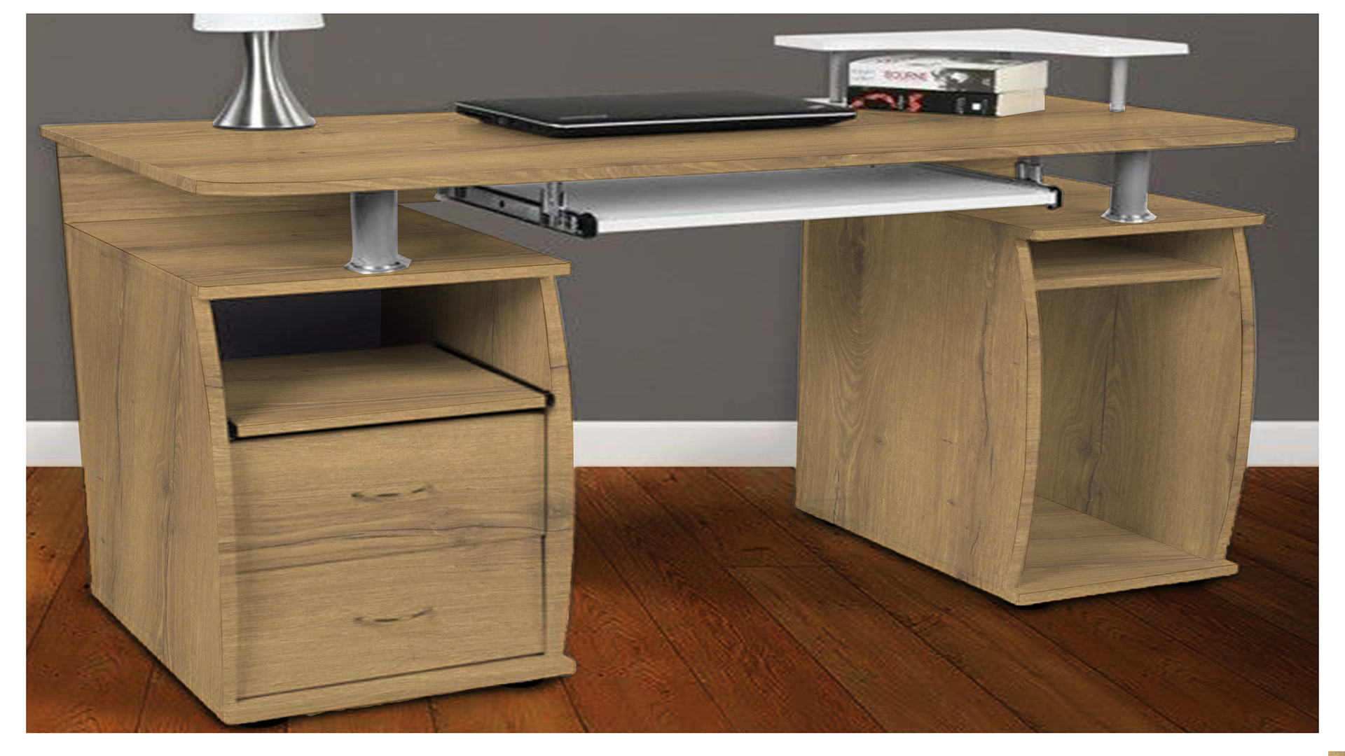 Brown wood grain laminate desk with matte finish and visible wood texture, showcasing decorative laminate usage in furniture.