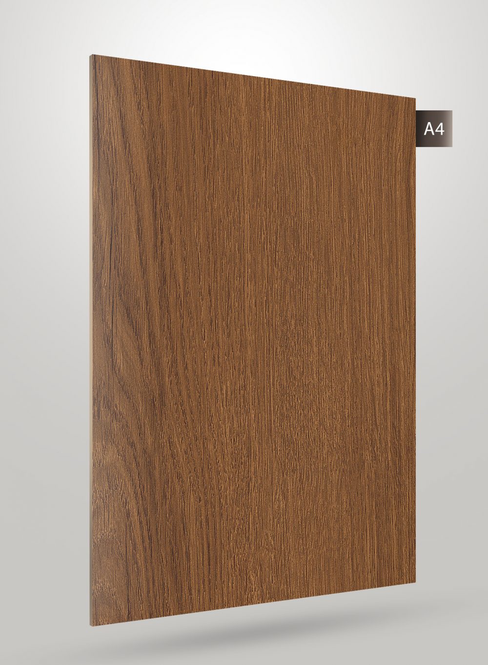 Brown wood grain decorative laminate with matte finish and vertical wood texture pattern on a square sample sheet