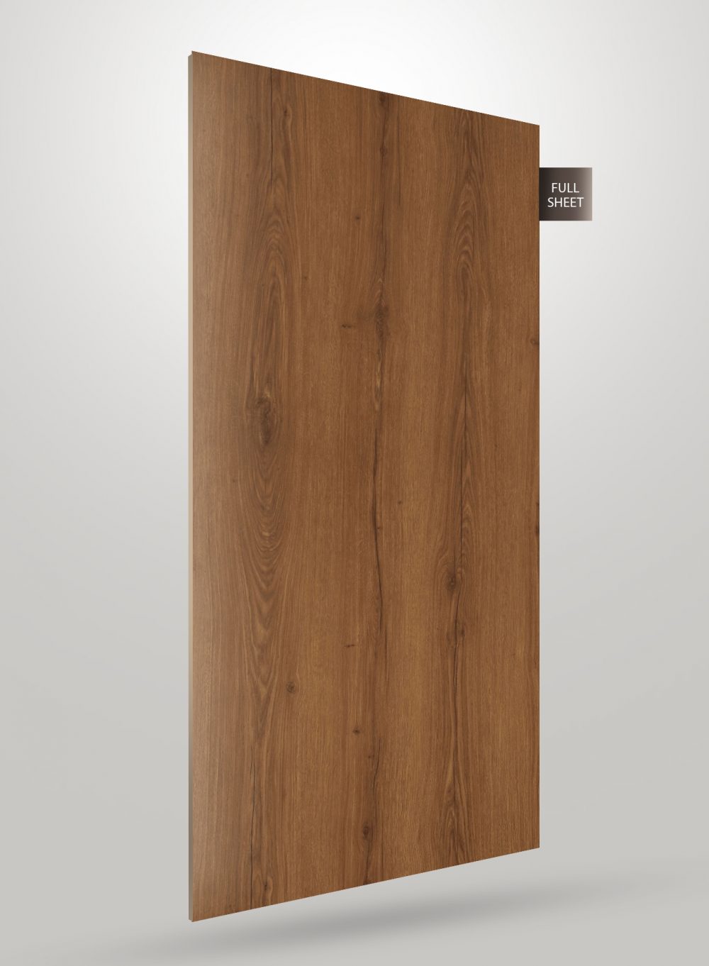 Brown wood grain laminate sheet with matte finish and visible wood texture, labeled full sheet.